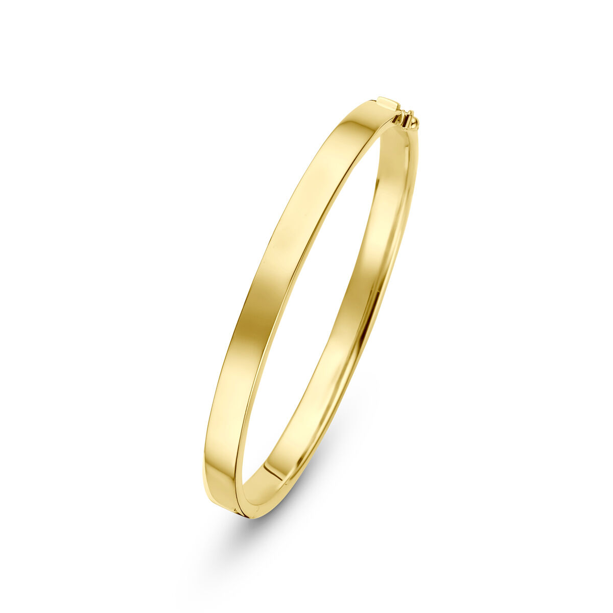 14k Geelgouden met 925 zilveren kern met een vlakke buis en een scharnier-sluiting. De bangle heeft een breedte van 6mm.