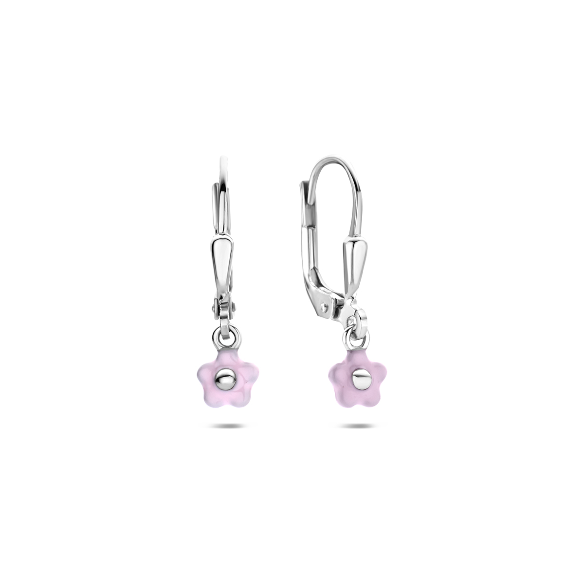 Gerhodineerd 925 zilveren oorhangers uitgevoerd in de vorm van een emaille bloem. De oorhangers hebben een totale hoogte van 20.5mm.
