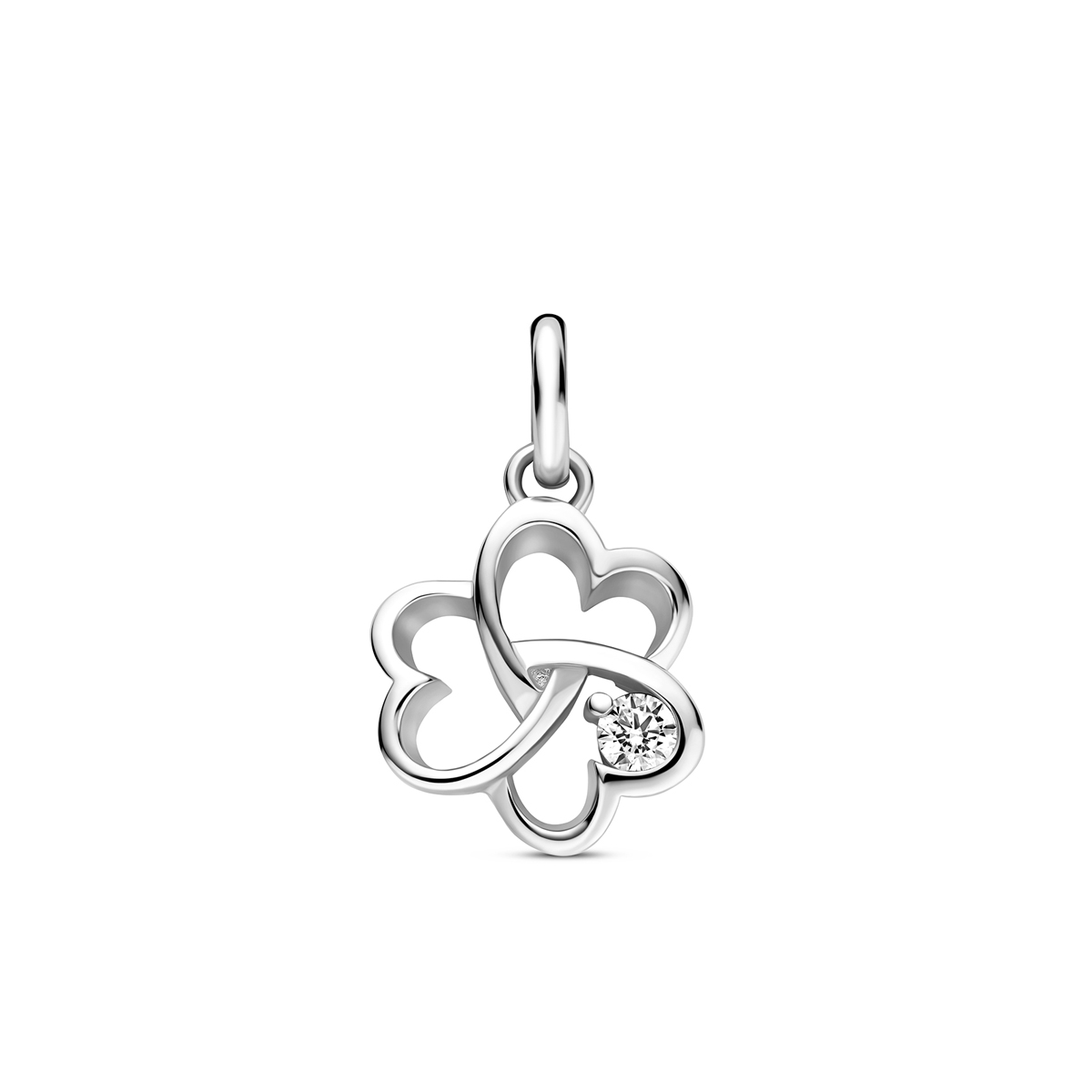 Gerhodineerd 925 zilveren hanger met zirkonia uitgevoerd in de vorm van een klavertje. De hanger heeft een hoogte van 11mm excl. oogje en een breedte van 11mm.