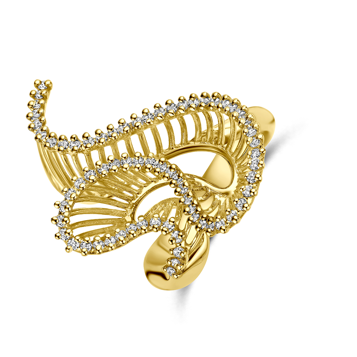 14k Geelgouden ring met diamant. De ring heeft een breedte van 30mm. Het totale diamantgewicht is 0.48ct.