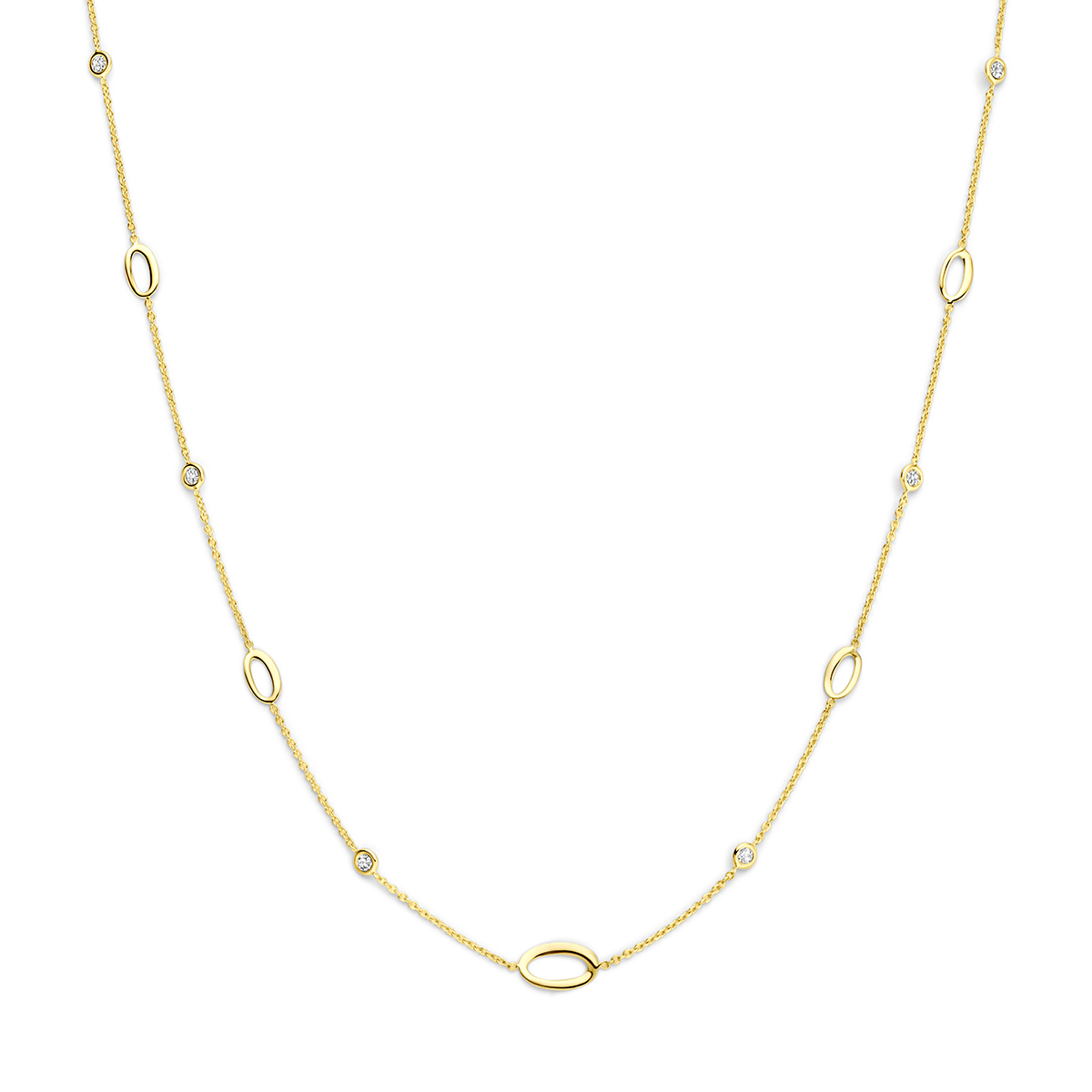 14k Geelgouden collier met zirkonia. Het collier heeft lengtes van 41-43-45cm en een schakelbreedte van 1.2mm. Uitgevoerd met een karabijnsluiting.