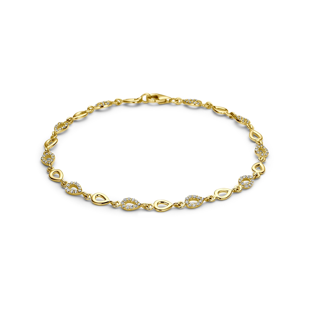 9k Geelkleurige armband met zirkonia. De armband heeft een breedte van 4.2mm en een lengte van 19cm. Uitgevoerd met een karabijnsluiting.