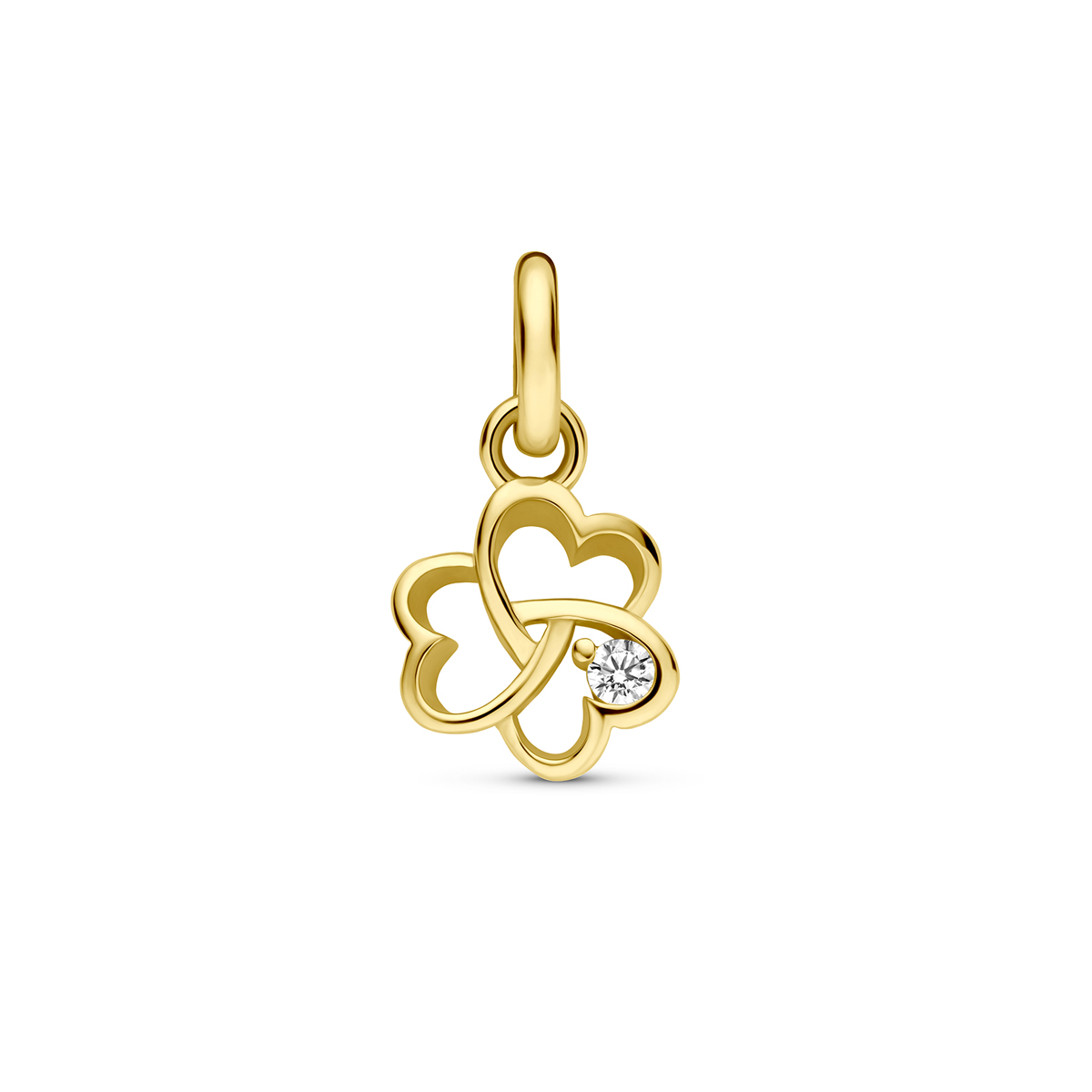 9k Geelkleurige hanger met zirkonia uitgevoerd in de vorm van een klavertje. De hanger heeft een hoogte van 8mm excl. oogje en een breedte van 7.5mm.