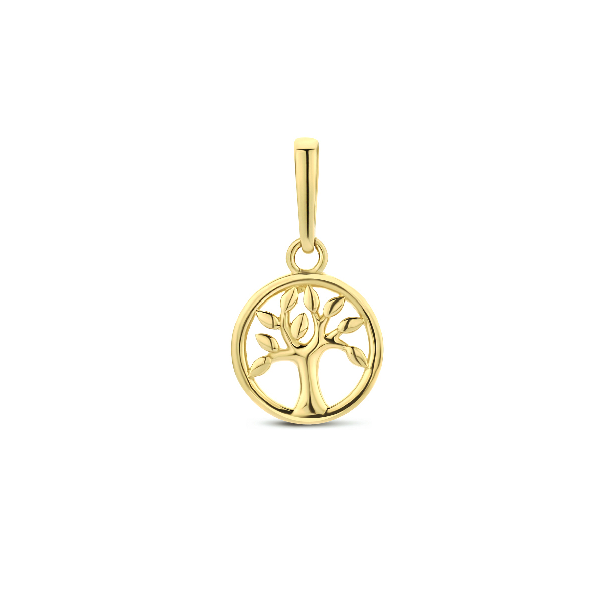 9k Geelkleurige levensboom hanger. De hanger heeft een diameter van 7.5mm excl. oogje.