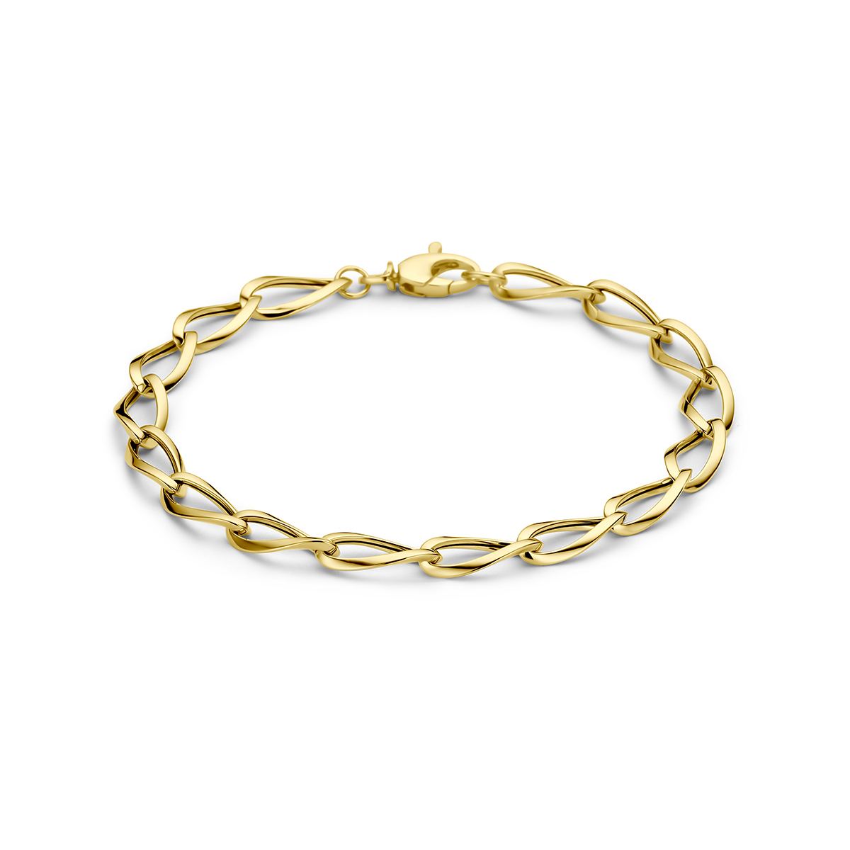 9k Geelkleurige armband met een schakelbreedte van 6mm. De armband heeft een lengte van 19cm en is uitgevoerd met een karabijnsluiting.