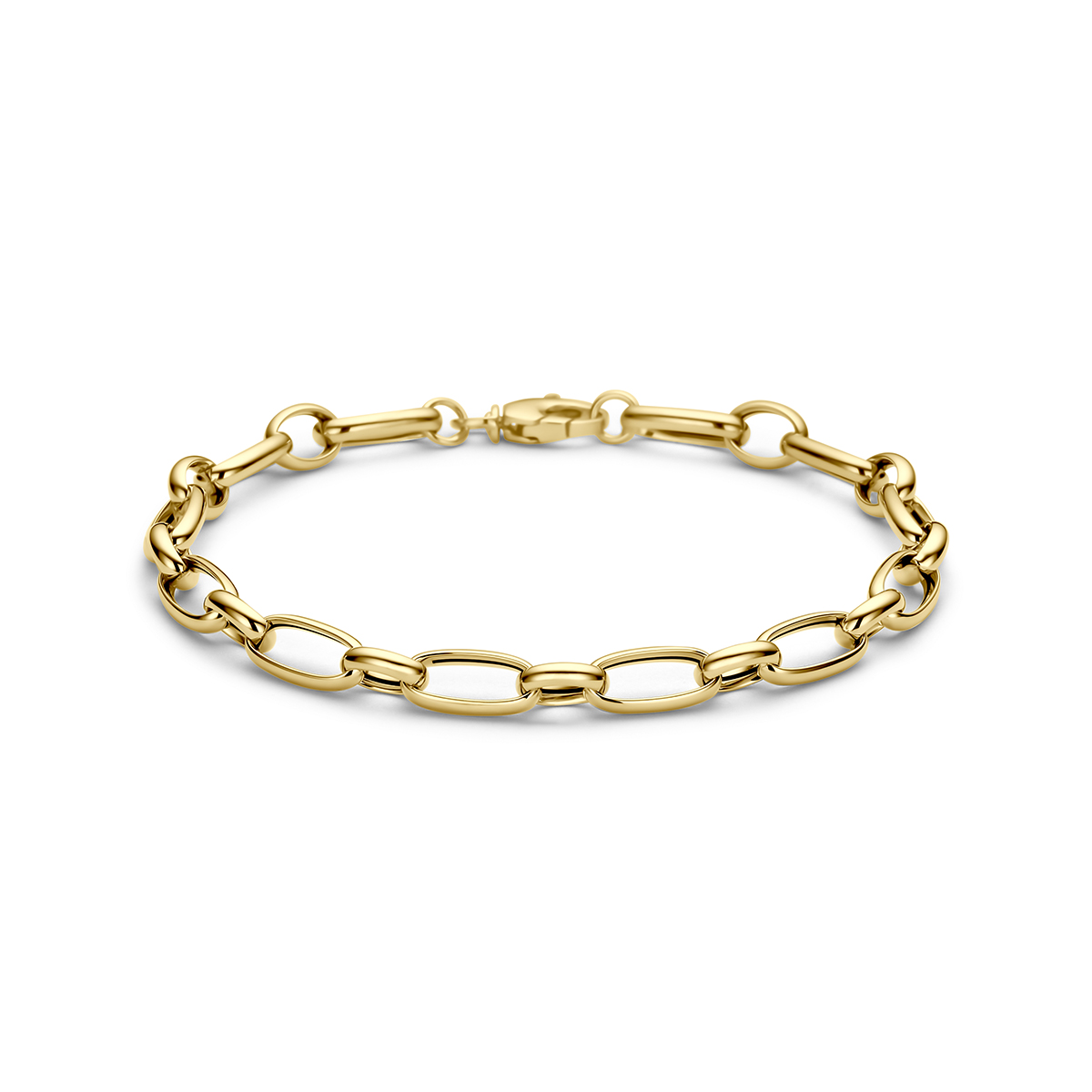 9k Geelkleurige armband met een schakelbreedte van 5.7mm. De armband heeft een lengte van 19cm en is uitgevoerd met een karabijnsluiting.
