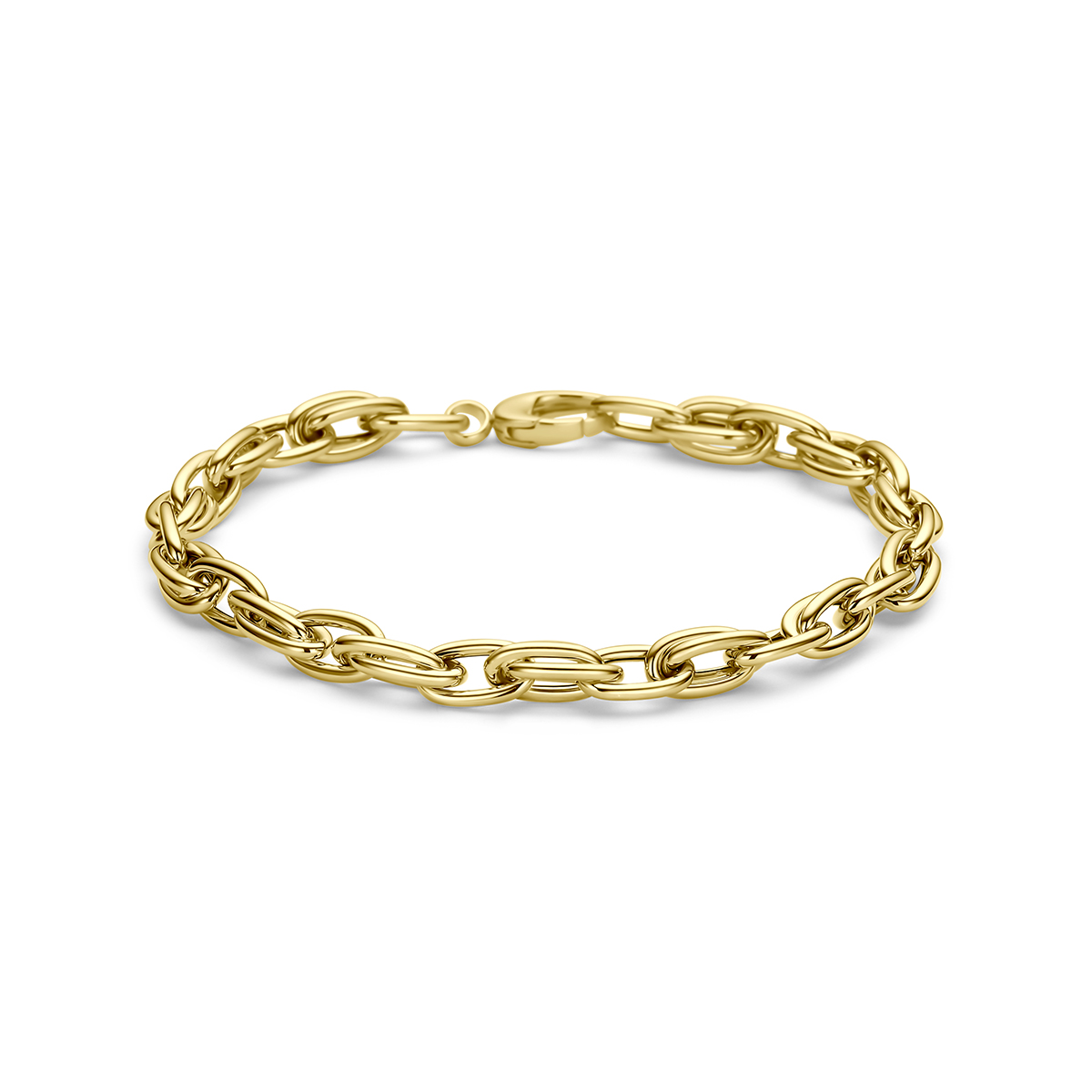 9k Geelkleurige armband met een schakelbreedte van 6mm. De armband heeft een lengte van 19cm en is uitgevoerd met een karabijnsluiting.
