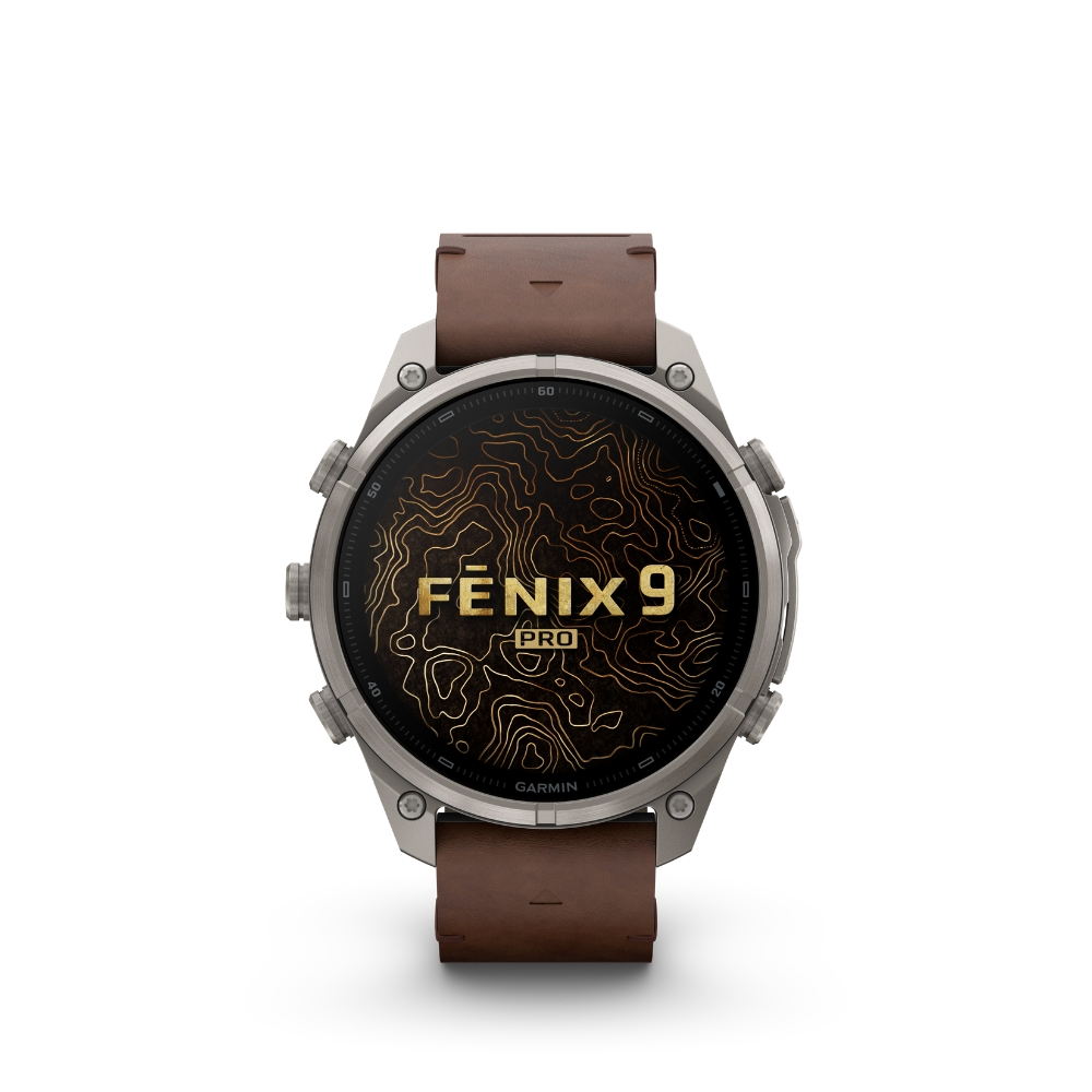 Garmin - Fenix 9 PRO INREACH 47MM, AMOLED, Sapphire, Titanium met Walnootkleurige leren band en met extra siliconen band in Pebble Gray - 010-04337-11