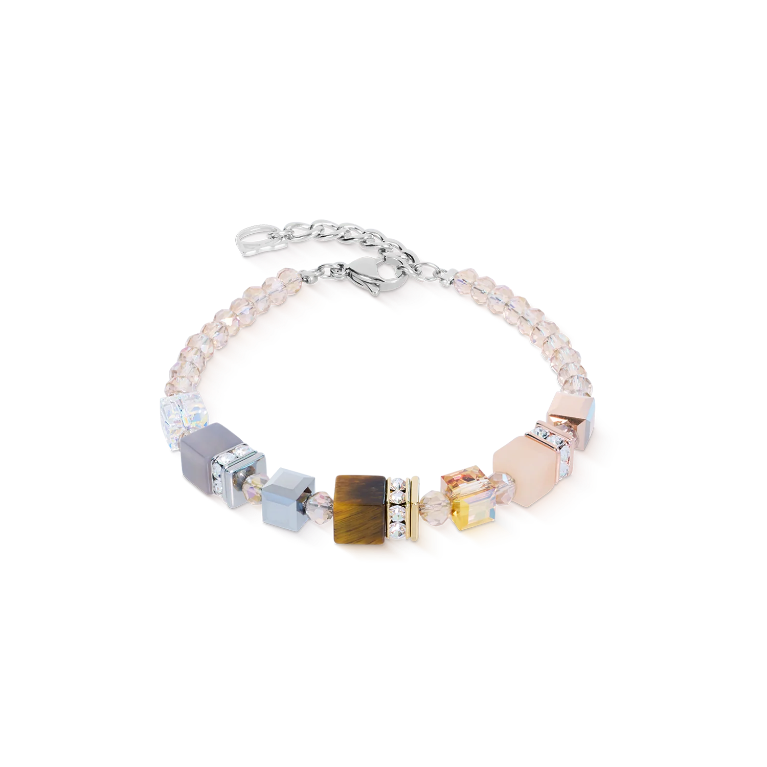 Coeur de Lion armband naturel kleuren; Edelstaal met rose aventurijn, agate, tijgeroog, swarovski kristal