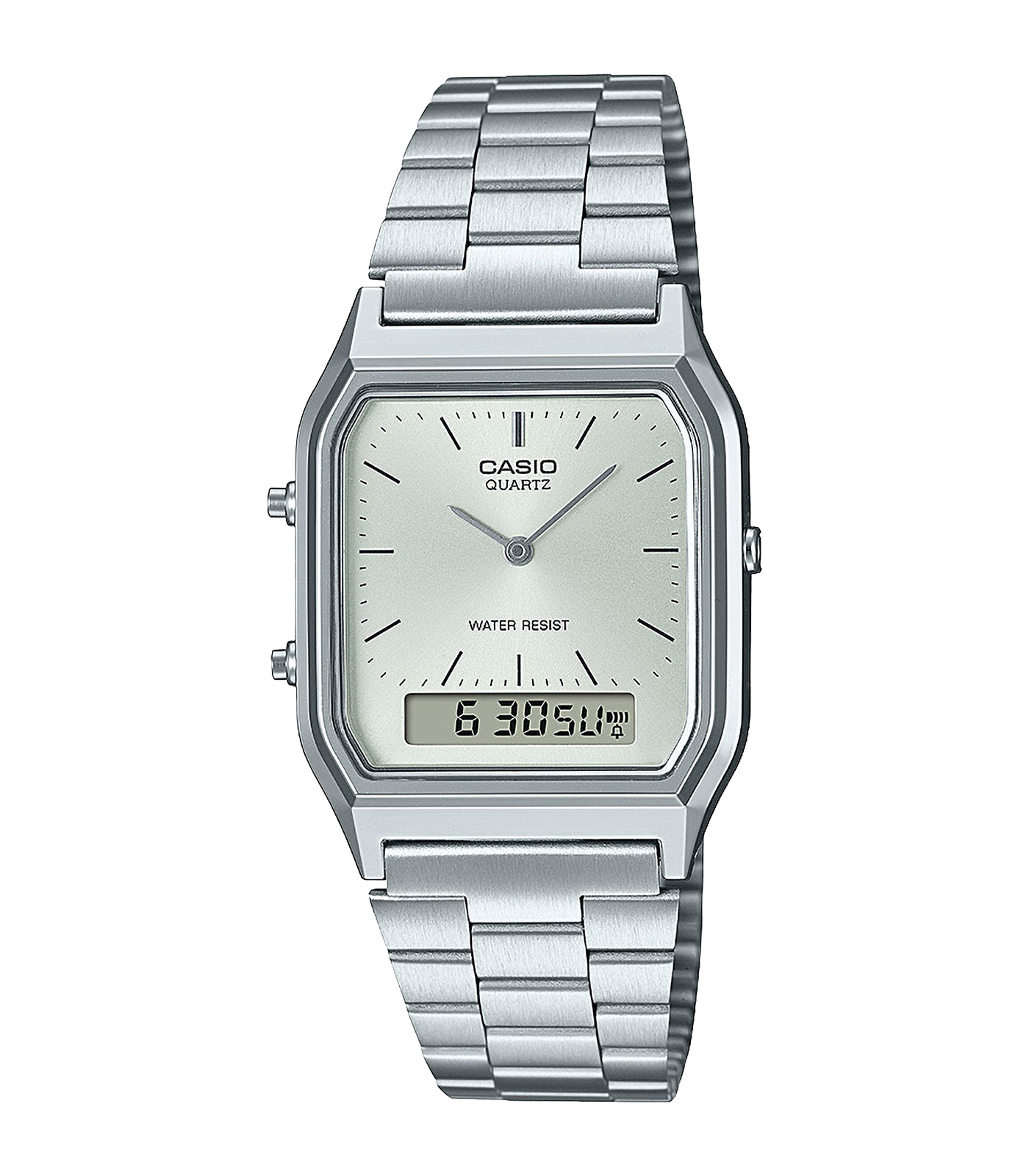 De Casio Vintage Horloge AQ-230A-7AMQYES is een stijlvolle polshorloge met een rechthoekige kast van 29,8 mm, gemaakt van kunsthars. Het heeft een analoog-digitaal zilverkleurig display, quartz uurwerk en datumfunctie. De roestvrijstalen band maakt het een tijdloos accessoire. Perfect voor een modieuze, dagelijkse look.