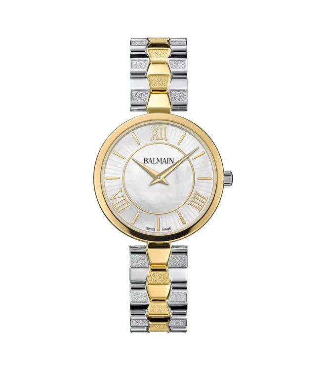 De Balmain Sedirea is een elegant Zwitsers dameshorloge waarin klassieke details en een moderne bicolor uitstraling samenkomen. De ronde kast heeft een diameter van 31 mm en is vervaardigd uit hoogwaardig 316L roestvrij staal met een geelgoudkleurige PVD-afwerking.

De verfijnde parelmoeren wijzerplaat geeft het horloge een luxe uitstraling en verandert subtiel van glans bij verschillende lichtinvallen. Ros&eacute;goudkleurige Romeinse cijfers en indexen sluiten prachtig aan bij de warme tint van de kast. Het krasbestendige saffierglas beschermt de wijzerplaat.
