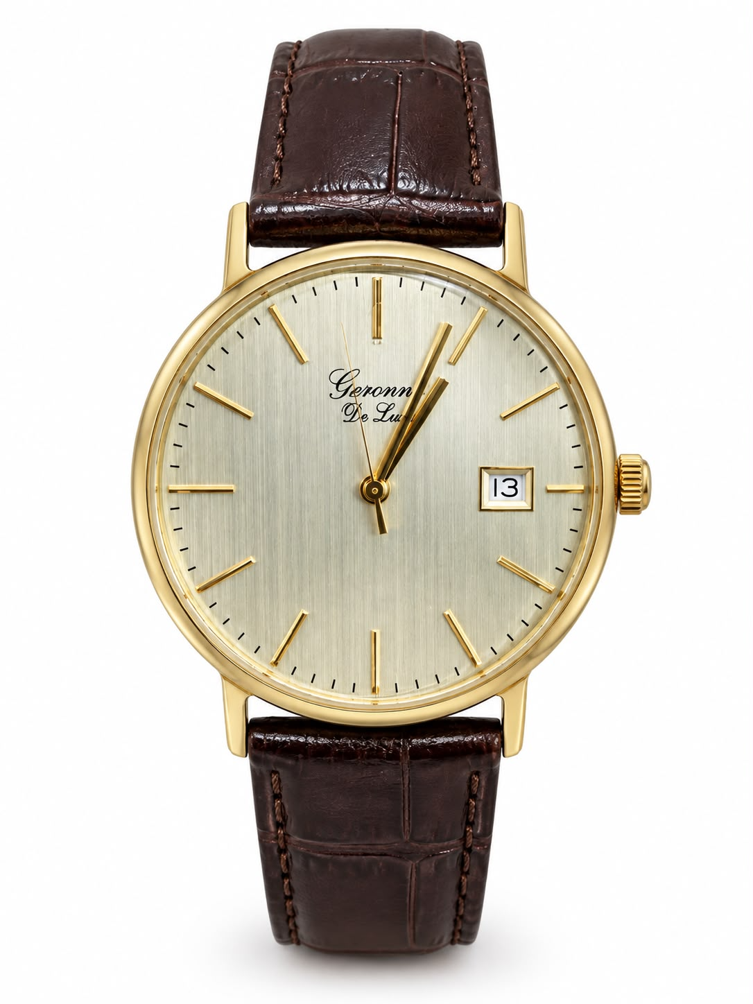 Gouden heren horloge bruin leren band