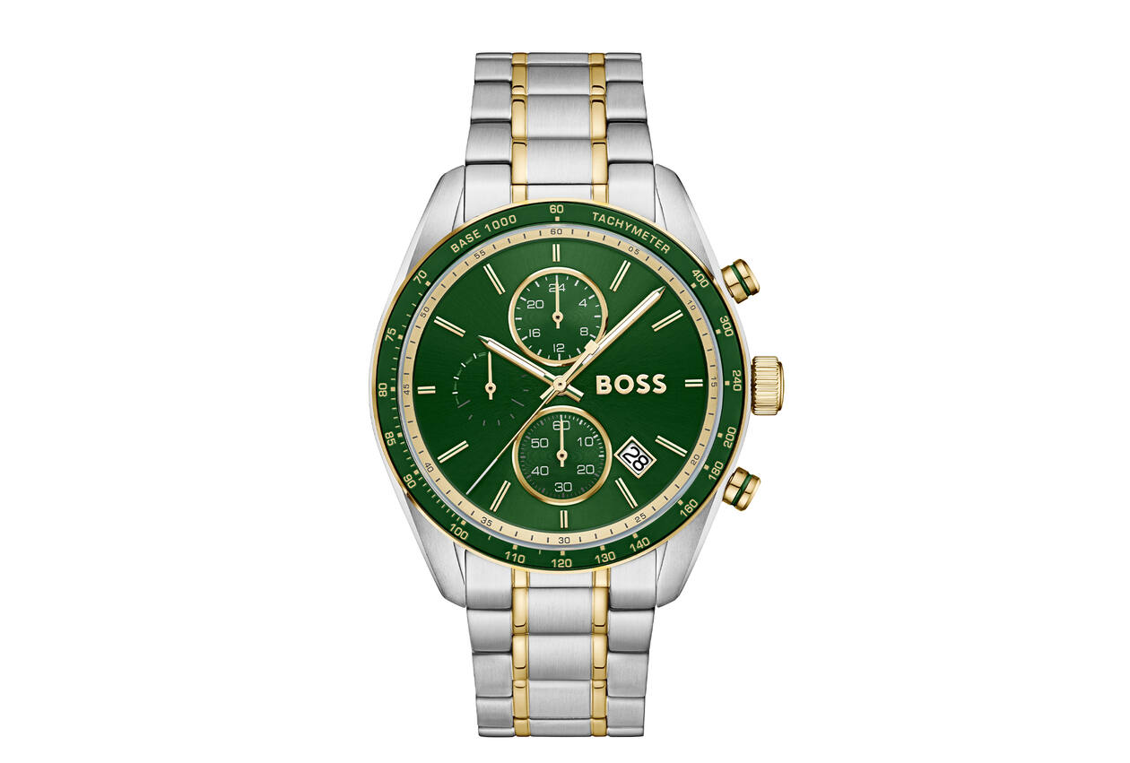 De Hugo Boss Heren Chronograaf 1514345 heeft een goud-zilverkleurige roestvrijstalen band en kast met een groene wijzerplaat. Het horloge is voorzien van een quartz uurwerk, heeft een datumaanduiding, lichtfunctie en chronograaf. Met saffierglas, nikkelvrij en waterdicht tot niveau 5. Draag bij formele en zakelijke gelegenheden voor een stijlvolle uitstraling.