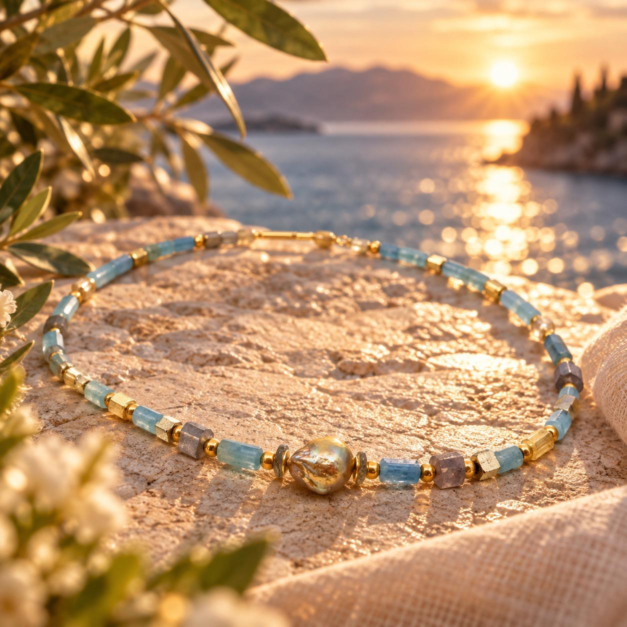 Aquamarin & Perle &ndash; Sp&auml;tsommerlicht
Wie ein letzter warmer Sommertag am Meer: Zartblaue Aquamarine treffen auf fein schimmernde Goldperlen und eine au&szlig;ergew&ouml;hnliche, nat&uuml;rlich geformte Perle als Mittelpunkt. Ihr goldener Perlmuttglanz ver&auml;ndert sich mit dem Licht und macht jedes Detail dieser Kette lebendig.
Die k&uuml;hlen Blaut&ouml;ne des Aquamarins und das warme Gold bilden einen spannenden Kontrast &ndash; leicht, elegant und zugleich unverwechselbar. Ein handgefertigtes Schmuckst&uuml;ck mit mediterraner Ausstrahlung und der besonderen Handschrift des KISSNER Meisterateliers.
Materialien: Aquamarin &middot; Gold &middot; Perle
Unikat aus dem KISSNER Meisteratelier