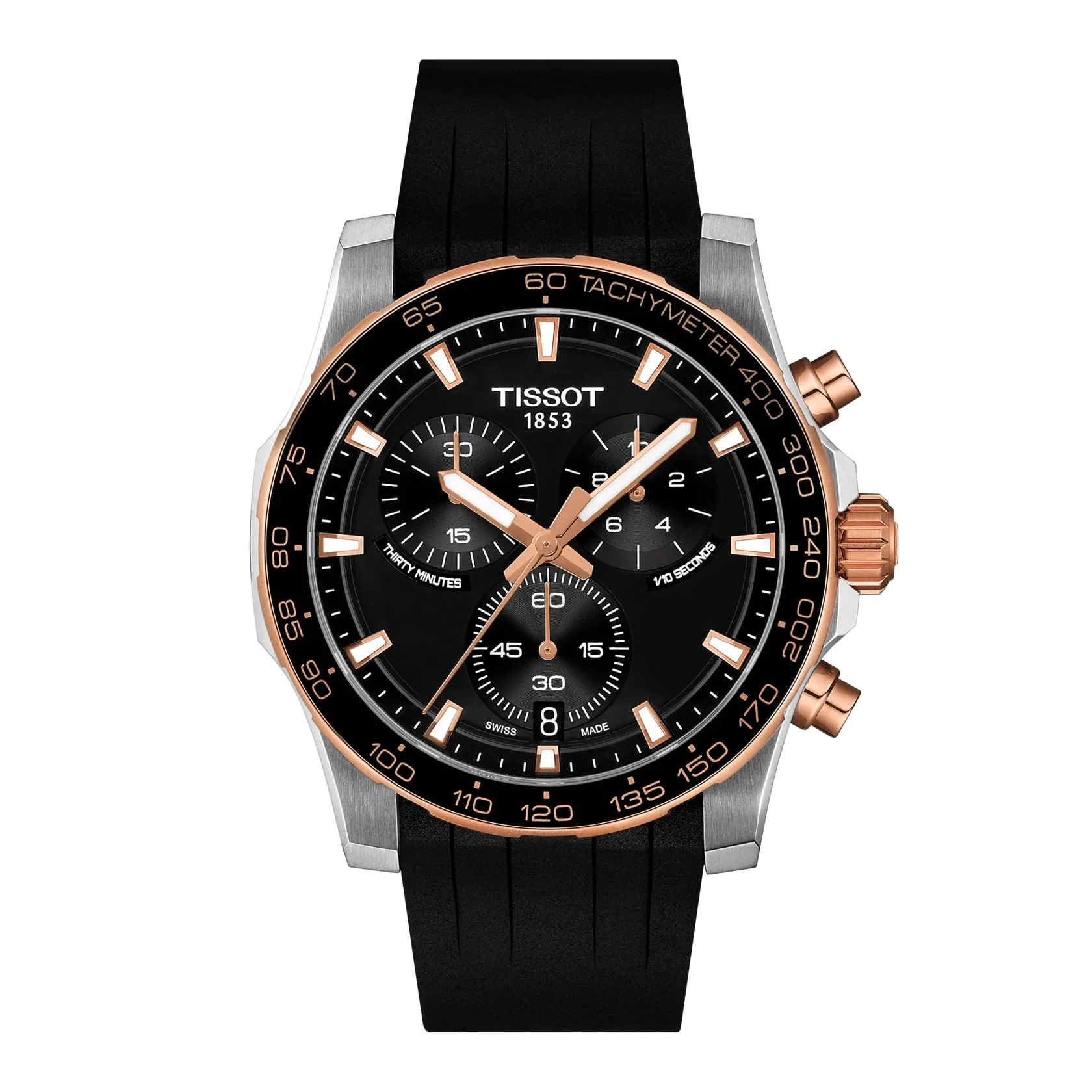 De Tissot Super Sport Chrono T1254172705100 is een stijlvolle polshorloge met een robuuste roestvrijstalen kast, zwart silicone band en een zwarte wijzerplaat met strepen. Voorzien van saffierglas, een quartz Zwitserse beweging en een chronograaf-functie. Waterbestendig tot 10 ATM. Perfect te dragen bij zowel formele als casual gelegenheden. 