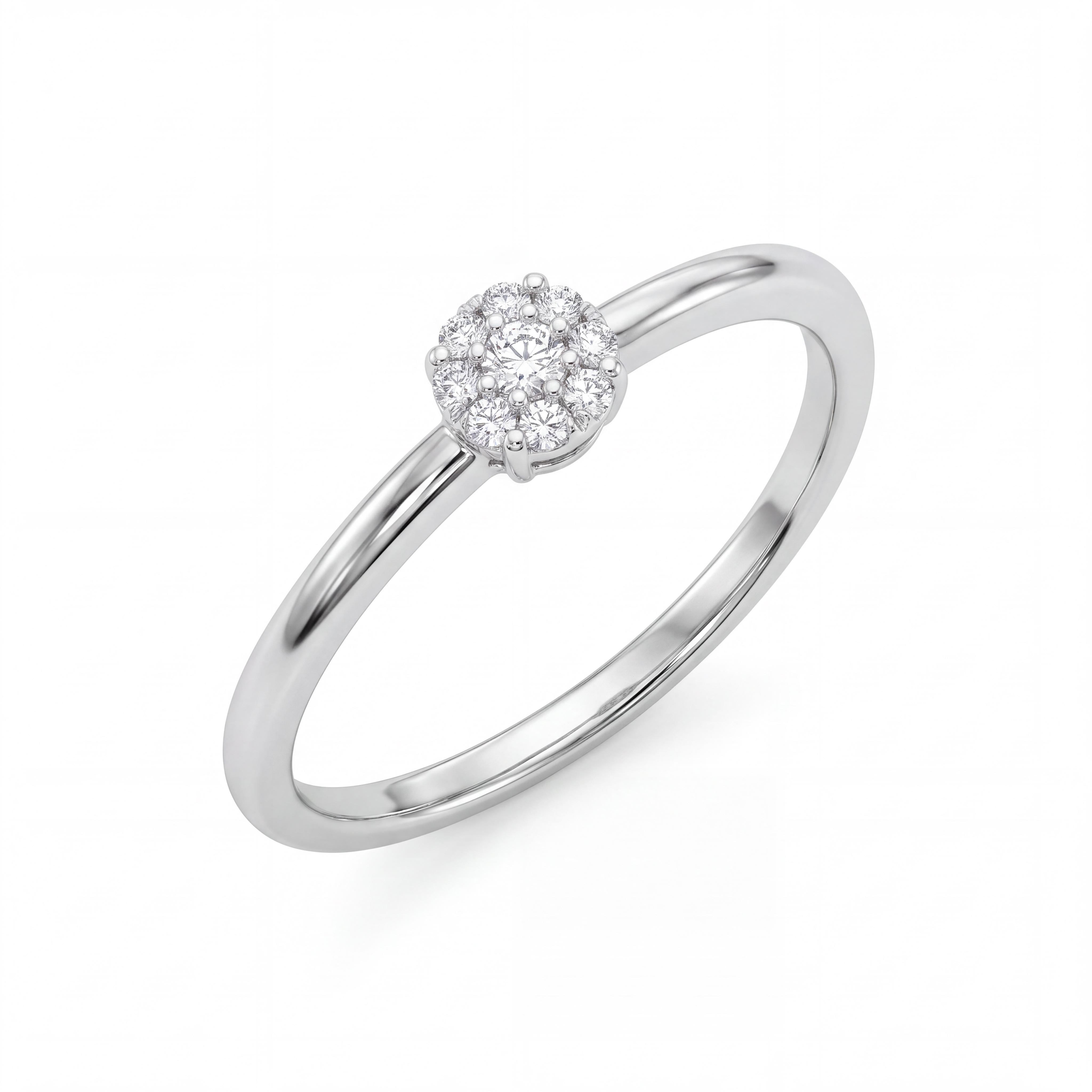 Ontdek subtiele luxe met deze elegante 14 karaat witgouden diamanten ring. Het verfijnde rosette-ontwerp bestaat uit een centrale diamant omringd door 8 kleinere briljant geslepen diamanten (in totaal 9 diamanten met een gewicht van 0,06 karaat). Door de nauwe plaatsing van de steentjes ontstaat de optische illusie van &eacute;&eacute;n grotere, schitterende solitair diamant.   De slanke, gladde witgouden band geeft het sieraad een minimalistische en moderne uitstraling. Hierdoor is de ring uitermate geschikt om los te dragen, maar ook perfect te combineren als aanschuifring bij een trouwring of andere gouden ringen. Een tijdloos cadeau voor een verjaardag, jubileum of als verfijnde aanzoeksring.   Kom deze witgouden diamantring gerust bekijken en passen in onze winkel aan de Heiligeweg 10 in het centrum van Amsterdam. Als ervaren juwelier adviseren we je graag persoonlijk.