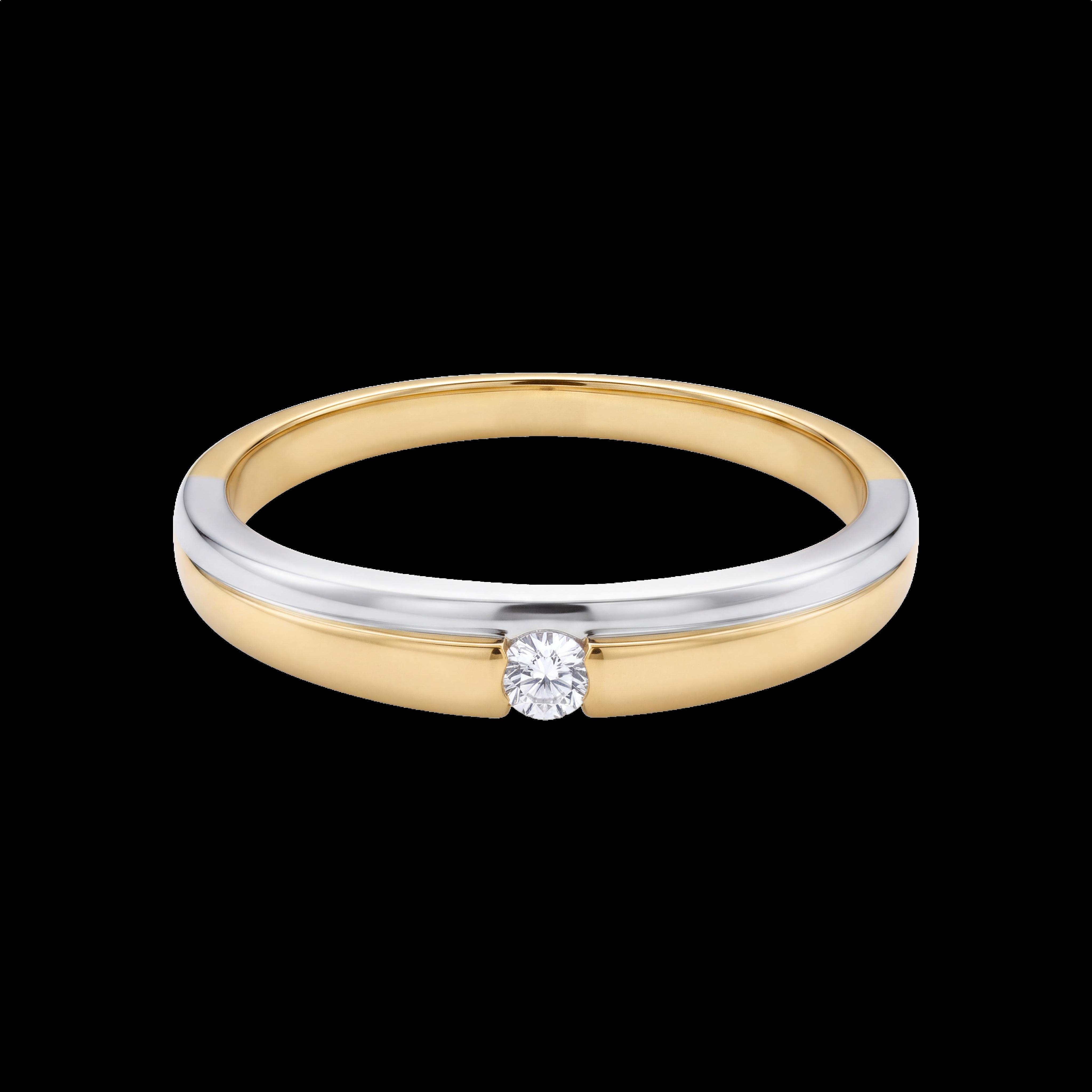 Ontdek de harmonieuze balans van strak design met deze 14 karaat bicolor gouden ring. De combinatie van warm geelgoud met strak witgoud geeft het sieraad een eigentijdse en veelzijdige look. In het hart van de ring bevindt zich een briljant geslepen diamant van 0,05 karaat, subtiel gevat in een elegante spanzetting tussen de twee gouden banen.   Door het strakke, gladde ontwerp en de sterke opbouw is deze bicolor ring uitermate geschikt voor dagelijks gebruik. De combinatie van twee goudkleuren maakt het sieraad bovendien heel eenvoudig te matchen met zowel je gele als witgouden sieraden. Een prachtige keuze als strakke trouwring, aanzoeksring of stijlvolle jubileumring.Kom deze bicolor diamantring gerust bewonderen en passen in onze winkel aan de Heiligeweg 10 in het centrum van Amsterdam. Als ervaren juwelier staan wij klaar met persoonlijk advies.