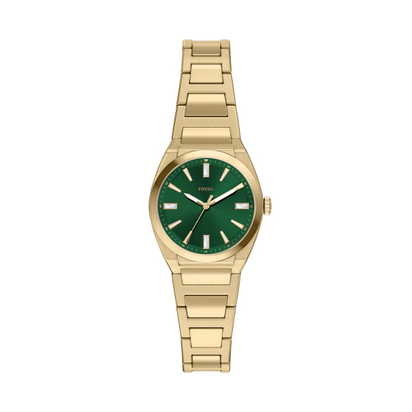 De Fossil Horloge ES5493 is een stijlvolle analoge polshorloge met een ronde, goudkleurige roestvrijstalen kast en groene wijzerplaat met strepen. Zonder datum- of lichtfunctie, maar met betrouwbaar quartz uurwerk. De roestvrijstalen band past bij elke gelegenheid en is 27 mm breed. Waterbestendig tot 5 ATM. Perfect voor dagelijks gebruik en formele gelegenheden.