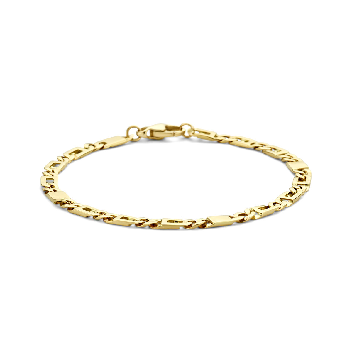 14k Geelgouden armband met een schakelbreedte van 5 mm en een draaglengte van 21cm. Uitgevoerd met karabijnsluiting.