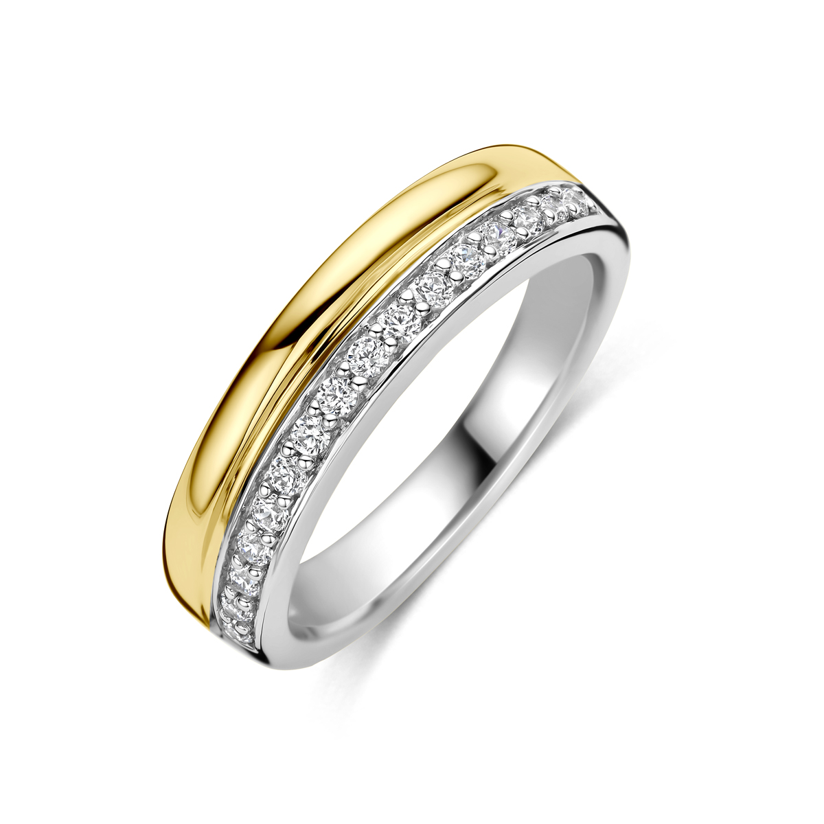 Verguld geel en 925 gerhodineerd 925 zilveren ring met zirkonia. De ring heeft een breedte van 5mm. Geen garantie op plating.