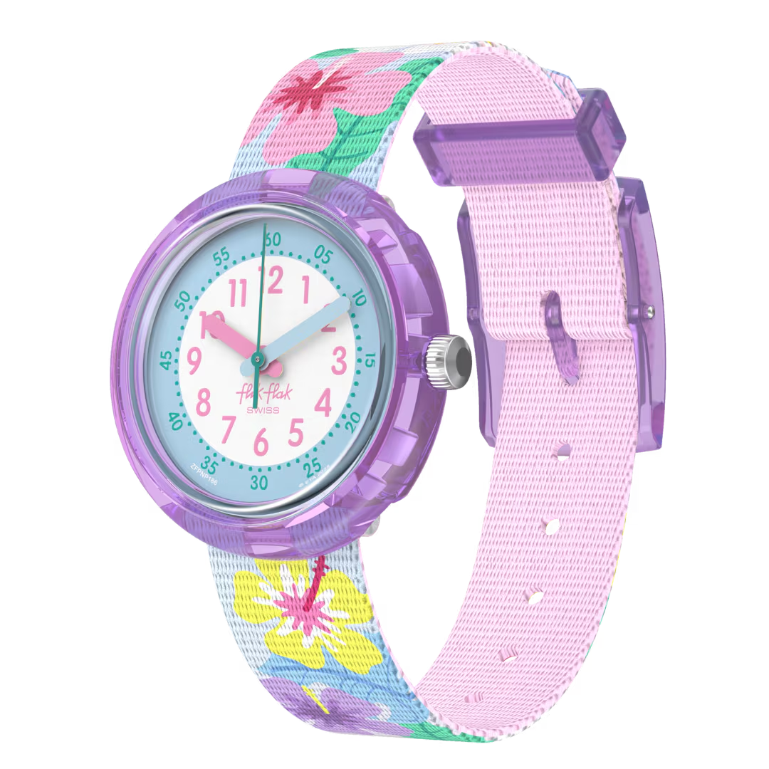 HIBISKISS is een vrolijk gekleurd kinderhorloge met een paarse horlogeband bedekt in kleurrijke hibiscusbloemen, die elk uur de Hawa&iuml;aanse vibes verzorgen. Dit tropische design fleurt iedereen op en helpt bij het leren klokkijken &ndash; ideaal voor jonge fans van bloemen.