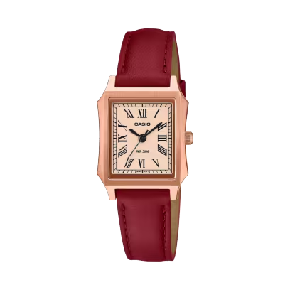 Die Casio DAU Lederband Quarz LTP-B190RGL-4BVER Uhr besticht durch ihr elegantes Design mit rotem Echtlederarmband und einem Geh&auml;use aus Edelstahl in rechteckiger Form. Die analoge Anzeige, das Mineralglas und die Wasserdichtigkeit bis 50 Meter runden das Produkt ab. Kombinieren Sie diese stilvolle Uhr ideal mit l&auml;ssigen oder eleganten Outfits f&uuml;r einen schicken Look.