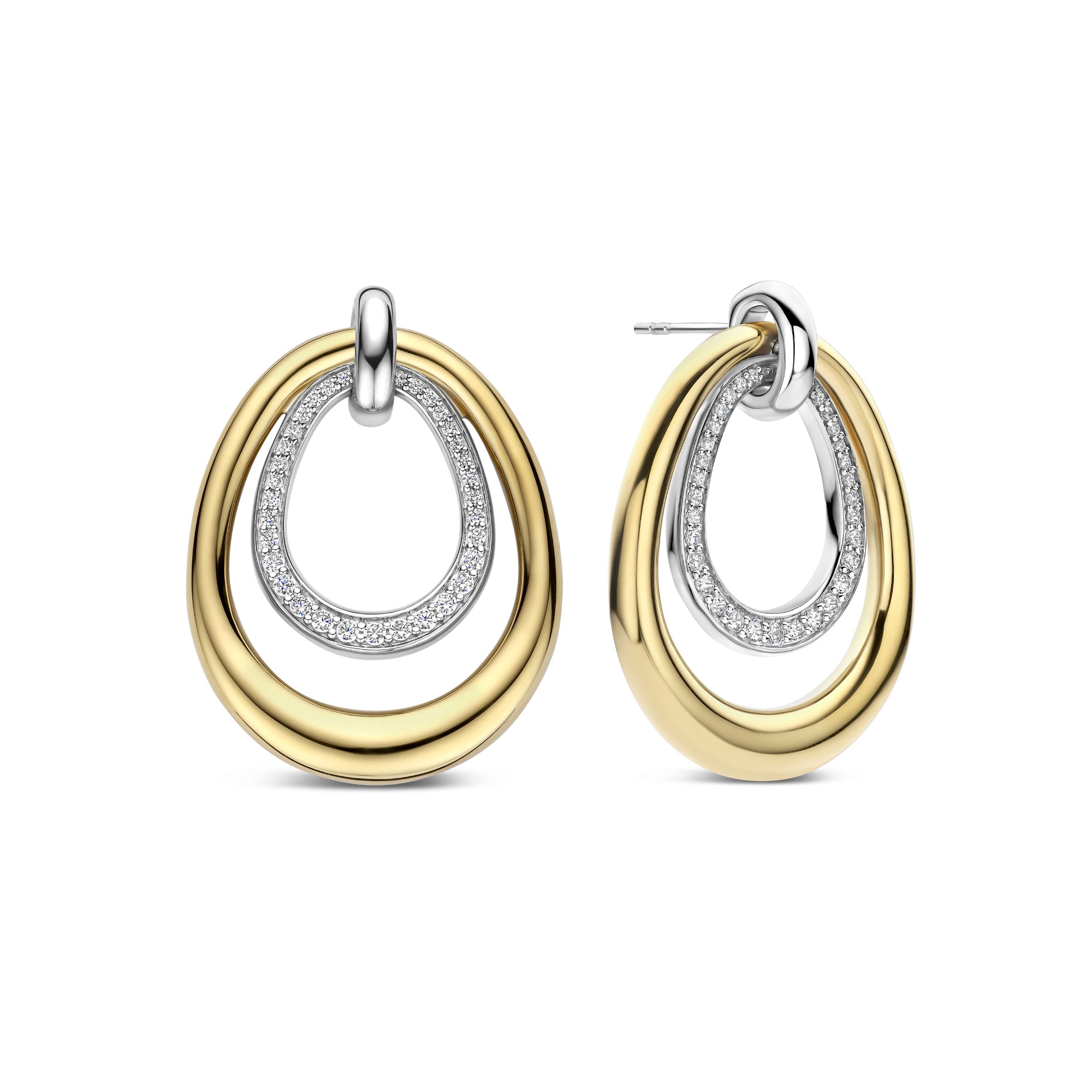 Ti Sento Milano - Zilveren oorknoppen bezet met zirconia's, Organic Double Drop, deels verguld - 78097ZY