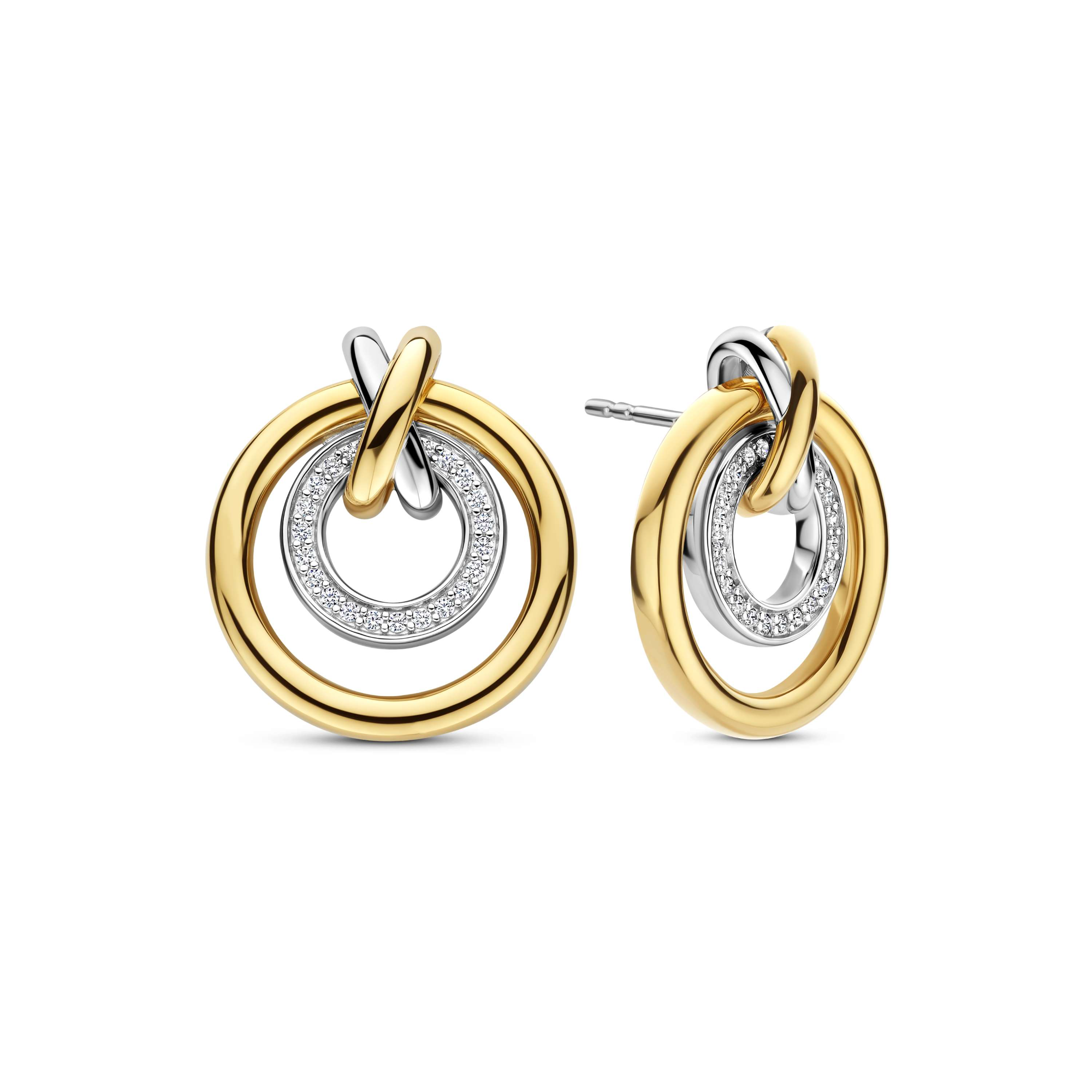 Ti Sento Milano - Zilveren oorknoppen met zirconia's, Contrast Crossover Circle, deels verguld, 18x19.5mm - 78098ZY