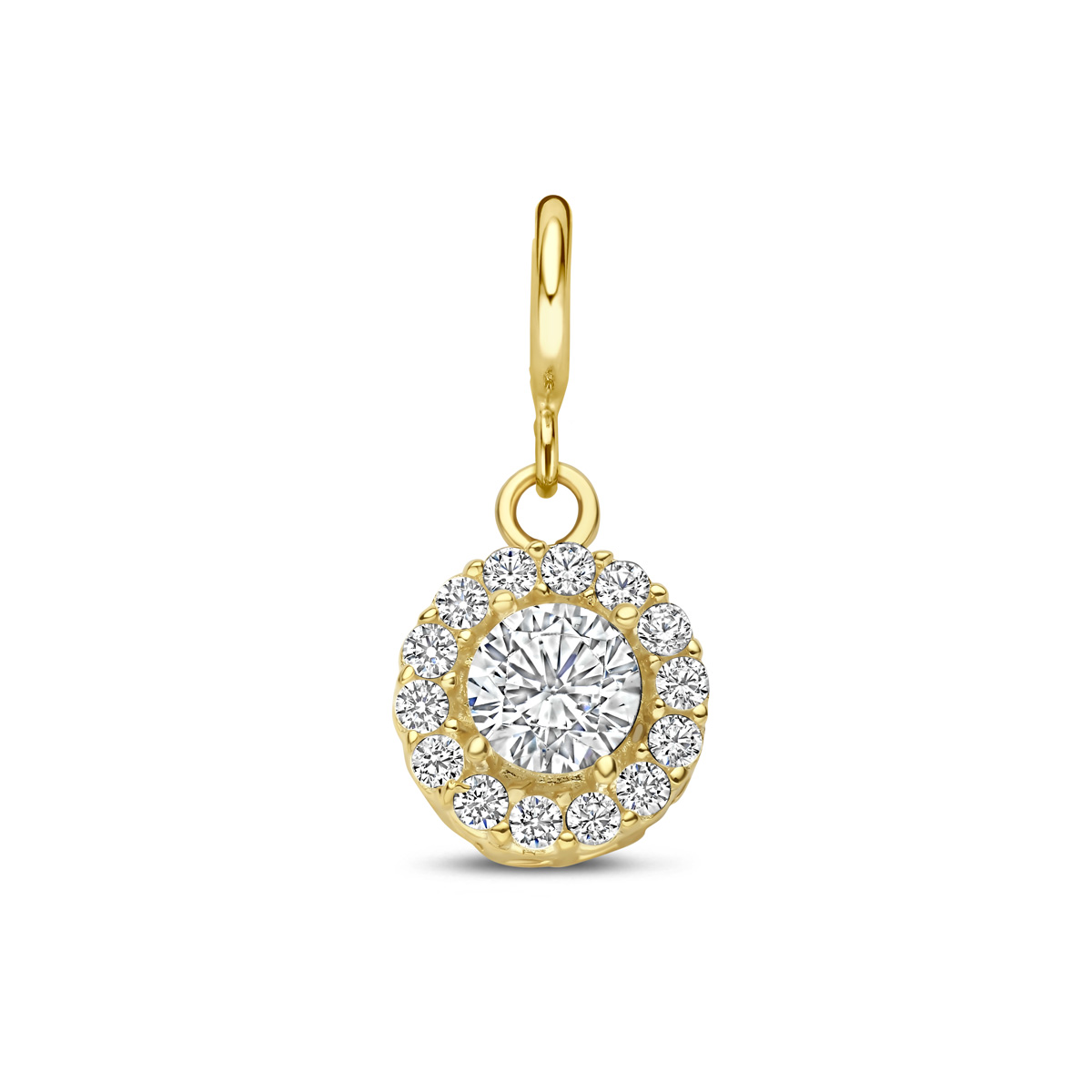 9k Geelkleurig slotbedel met zirkonia. De bedel heeft een diameter van 7.5mm.