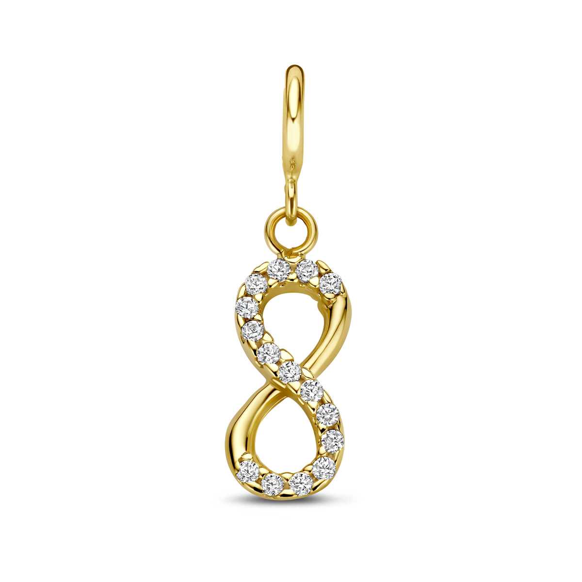 9k Geelkleurig slotbedel in de vorm van een infinity teken met zirkonia. De bedel heeft een hoogte van 11.5mm excl. oogje.