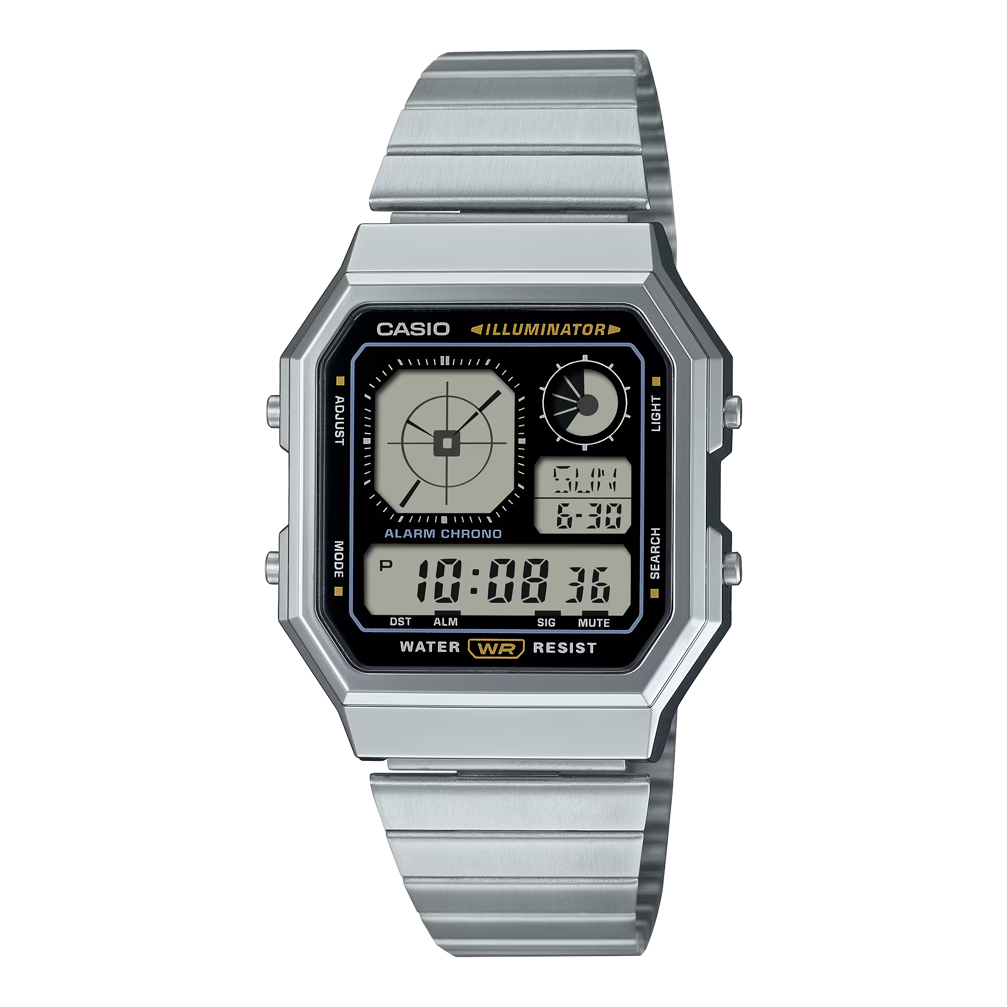 Een digitaal horloge met een analoog display, verpakt in een gadgety look waar je dol op bent. 

Een retro-futuristisch gezicht wordt gecombineerd met stijlvolle metallic kleuren en effectieve accentkleuren, die een passie voor gadgets laten zien.

Gedurfd eclectisch en nog praktisch ook. Boordevol handige functies zoals waterbestendigheid voor dagelijks gebruik, LED-achtergrondverlichting, stopwatch, alarm en meer.