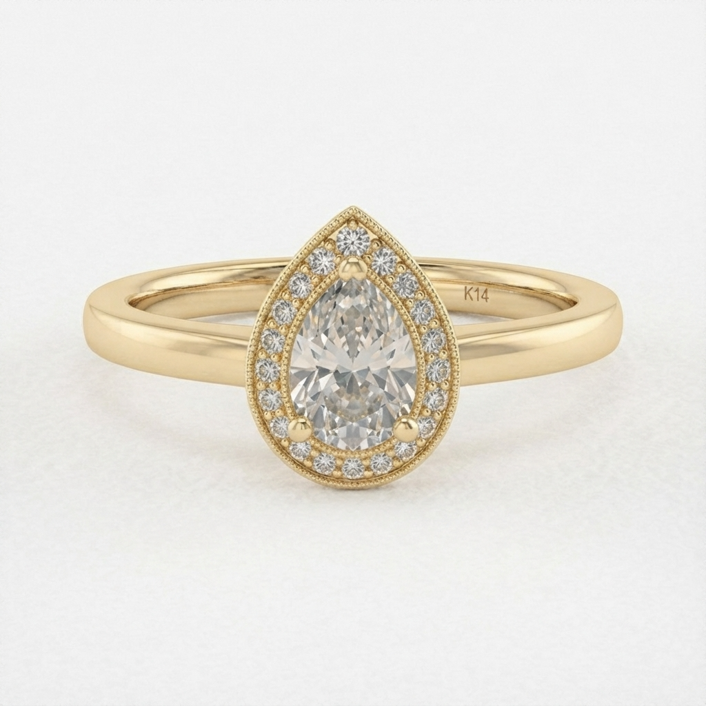 Verbluffende 14K Geelgouden Pear Shape Verlovingsring met Natuurlijke Diamanten (0.23 ct)

Maak een onuitwisbare indruk met deze betoverende verlovingsring uit de collectie van Juwelier Rijk in Amsterdam. Dit prachtige model combineert de warme, klassieke allure van massief 14 karaat geelgoud met een schitterend peervormig (pear shape) ontwerp, omringd door een schitterende halo van natuurlijke diamanten met een totaal gewicht van 0.23 karaat.

Het Ontwerp & De Stijl
De peervormige slijpvorm van de centrale steen heeft een handverlengend, slank en elegant effect, terwijl de omringende diamant-halo zorgt voor een maximale schittering en de illusie van een nog grotere steen. De fijne milgrain-details geven de ring een subtiele vintage touch gecombineerd met een eigentijdse, luxe uitstraling. Ideaal voor wie zoekt naar een romantisch en uniek symbool van de liefde.