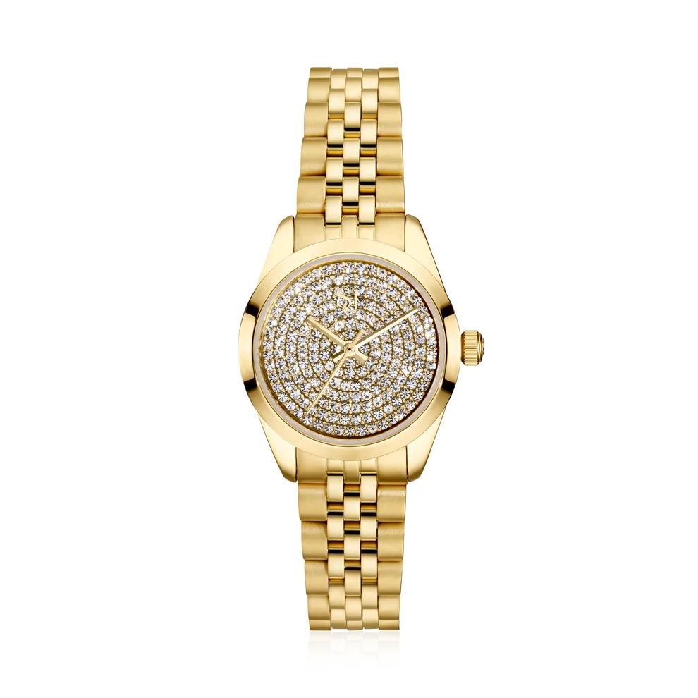 Horloge van verguld roestvrij staal met een gepolijste en geborstelde afwerking, voorzien van saffierglas en een witte wijzerplaat versierd met witte zirkonia's

Afmetingen horloge: Kast - diameter 28 mm, dikte 9 mm
Armband - verstelbare lengte tot 18 cm, breedte 14 mm, dikte 2,8 mm

SKU: SJ-W1036-CZ-YG