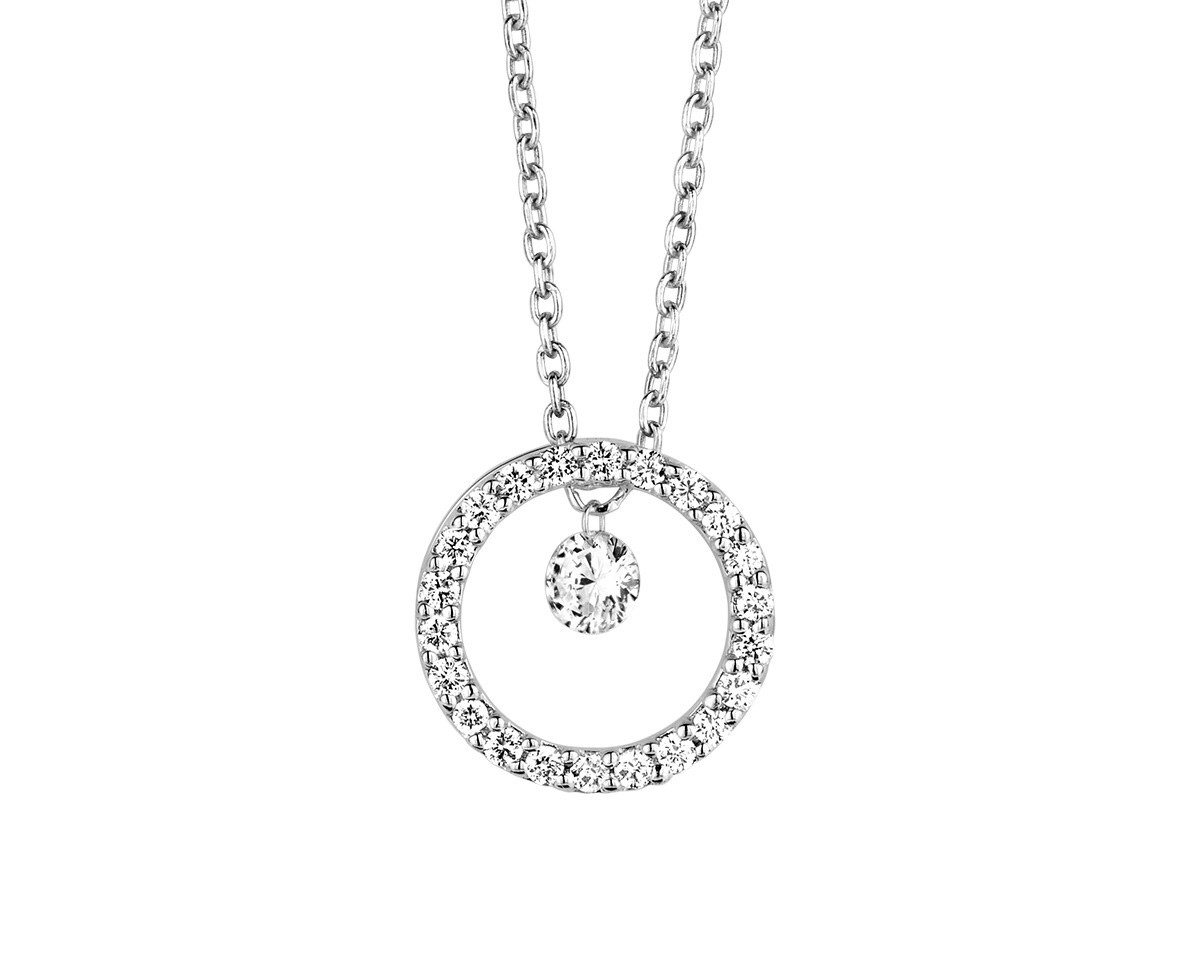 Elegante 18kt witgouden galsketting met bewegende midden briljant en rondom gezette briljantje. Totaal caraat diamant 0.36. Deze halsketting is 45 cm met een extra oogje op 42cm. Perfect voor speciale gelegenheden, combineert prachtig met zowel formele als casual outfits voor een elegante en tijdloze uitstraling.