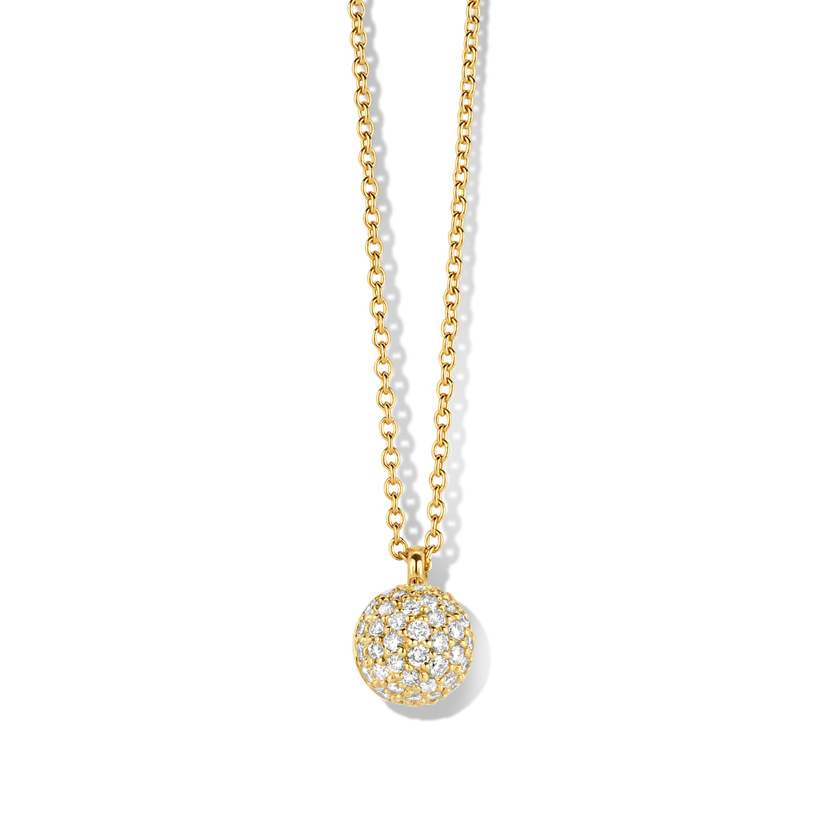 De Geel gouden halsketting met een hangend fijn bolletje bezet met briljantjes. Het is een elegante sieraad met een gewicht van 2,3 gram en een lengte van 42 cm. De ketting kan met 2 tussenoogjes ook korter gedragen worden tot 40cm .Draag deze prachtige halsketting als een verfijnd accent op een avondjurk of een chique blouse voor een stijlvolle uitstraling.
