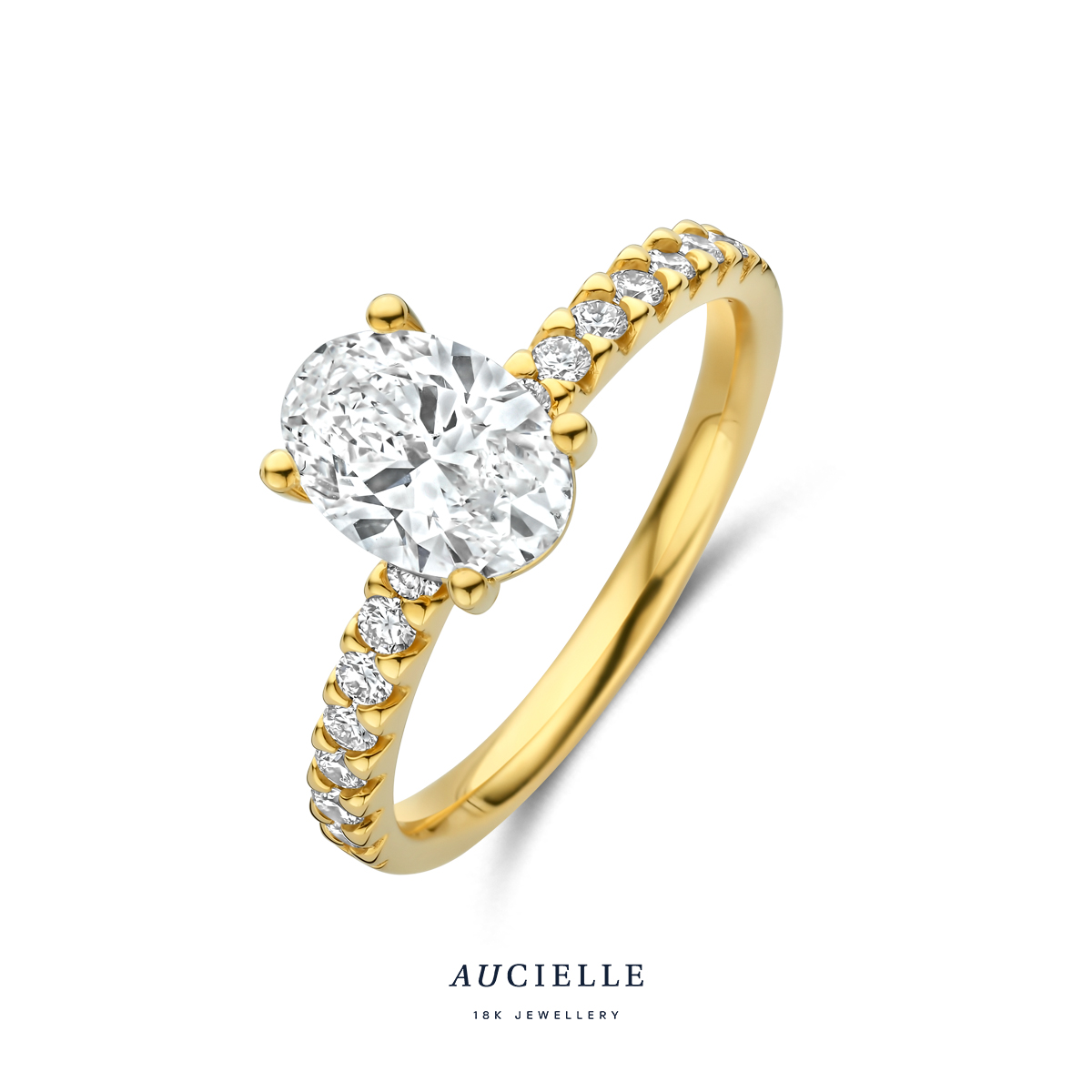 Aucielle geel gouden 18k ring sollitaire 4 griffen ovale steen LG Diamand 1.25ct en zijstenen LG diamand 0.29ct
