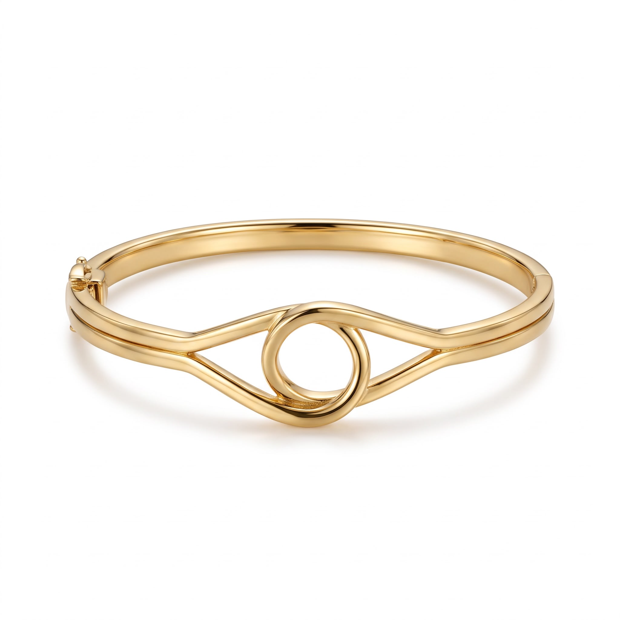 14 karaats geelgouden fantasie bangle met bakslot en veiligheidsachtje en een diameter van 60 mm.