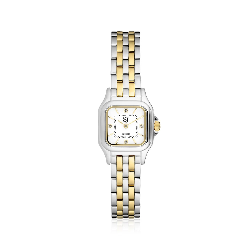 Het Fiorella-horloge belichaamt een moderne, vrouwelijke elegantie met zijn kenmerkende design. Vervaardigd uit gepolijst roestvrij staal, heeft het een verfijnde tweekleurige afwerking in zilver en goud, wat zorgt voor een veelzijdige uitstraling. De vierkante wijzerplaat van het horloge, gedetailleerd met subtiele indexen, straalt geraffineerde eenvoud uit, terwijl de zorgvuldige constructie garant staat voor duurzame kwaliteit en draagcomfort.
Dit uurwerk is ontworpen voor de moderne vrouw en is gemakkelijk te dragen, zowel overdag als 's avonds. De luxueuze uitstraling en het voortreffelijke vakmanschap maken het een prachtig accessoire voor elke gelegenheid, dat zowel betrouwbaarheid als een elegante stijl biedt.
