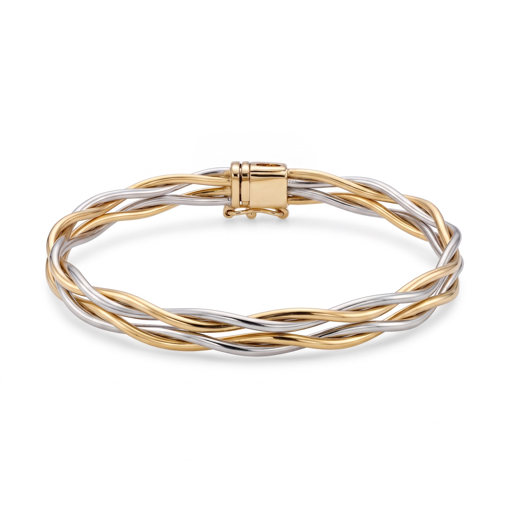 14 karaats bicolor bangle met twist van 60 mm met bakslot.
