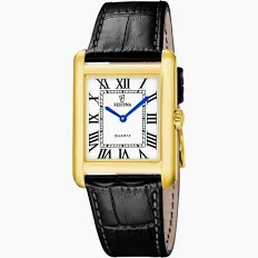 Festina On The Square F20772/1 is een elegant herenhorloge uit de "On the Square"-collectie, voorzien van een goudkleurige, rechthoekige roestvrijstalen kast en een zwarte leren band met krokodillenprint.