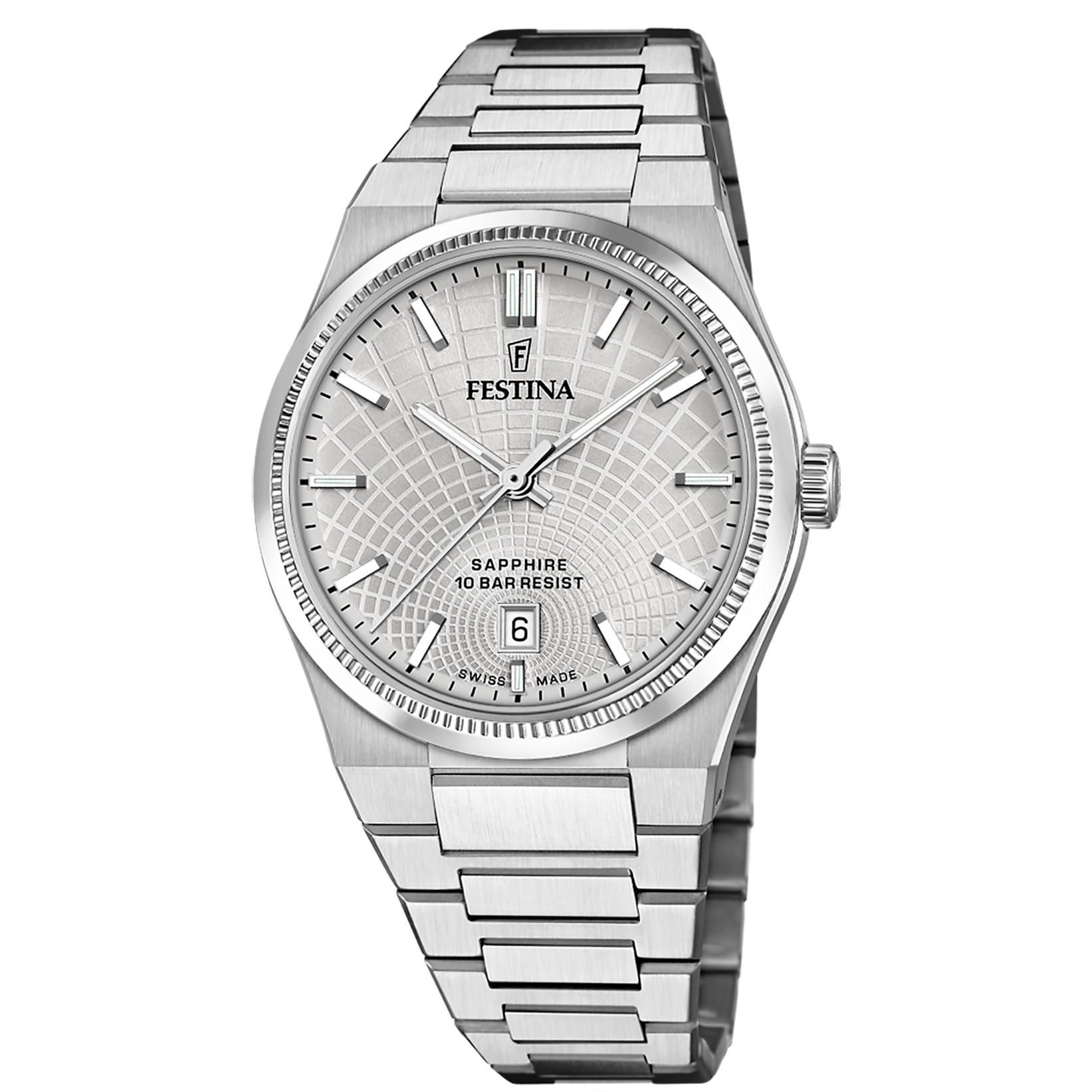 Festina swiss made dames uurwerk met zilverkleurige wijzerplaat en metaalband