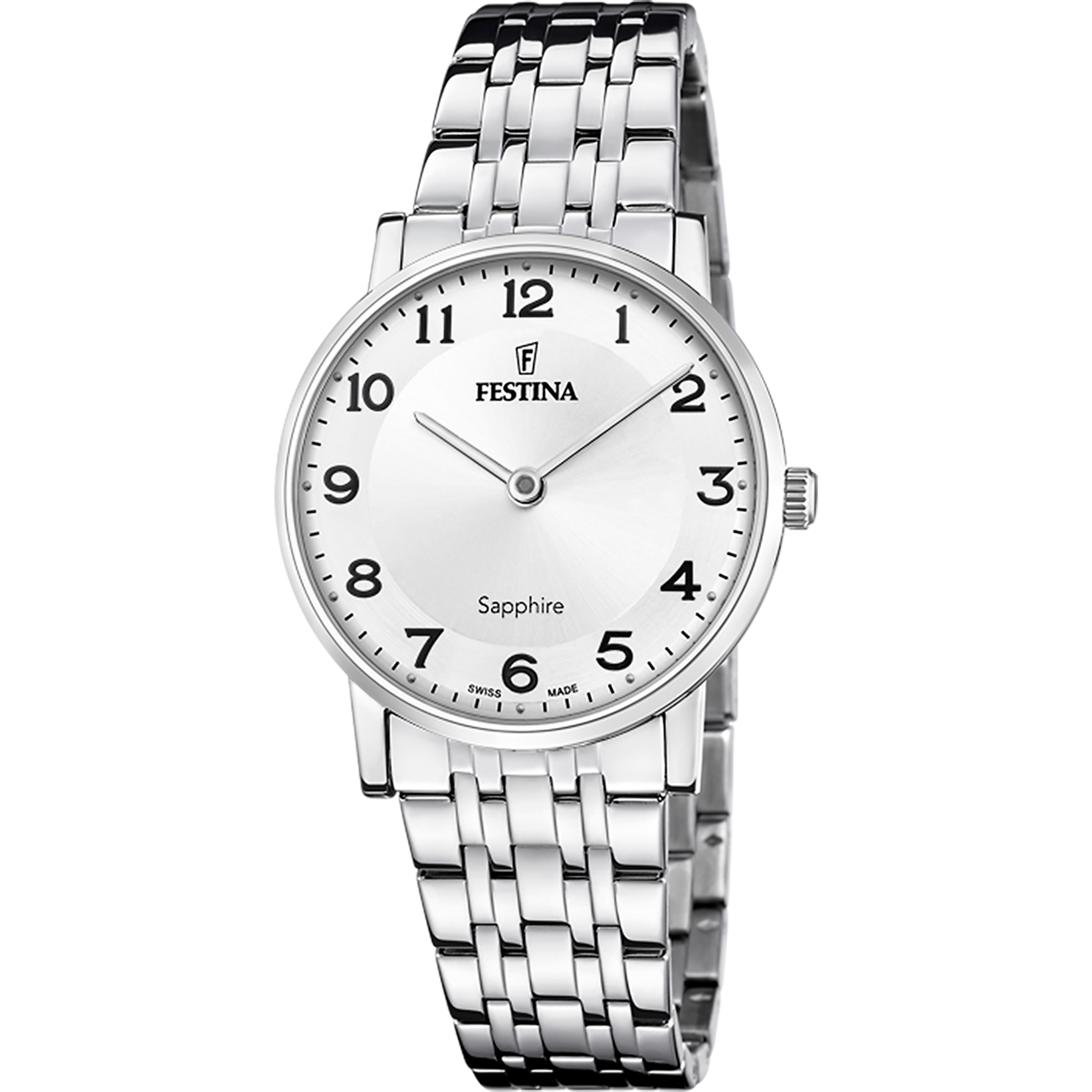 Festina swiss made dames model met witte wijzerplaat en metalen band 