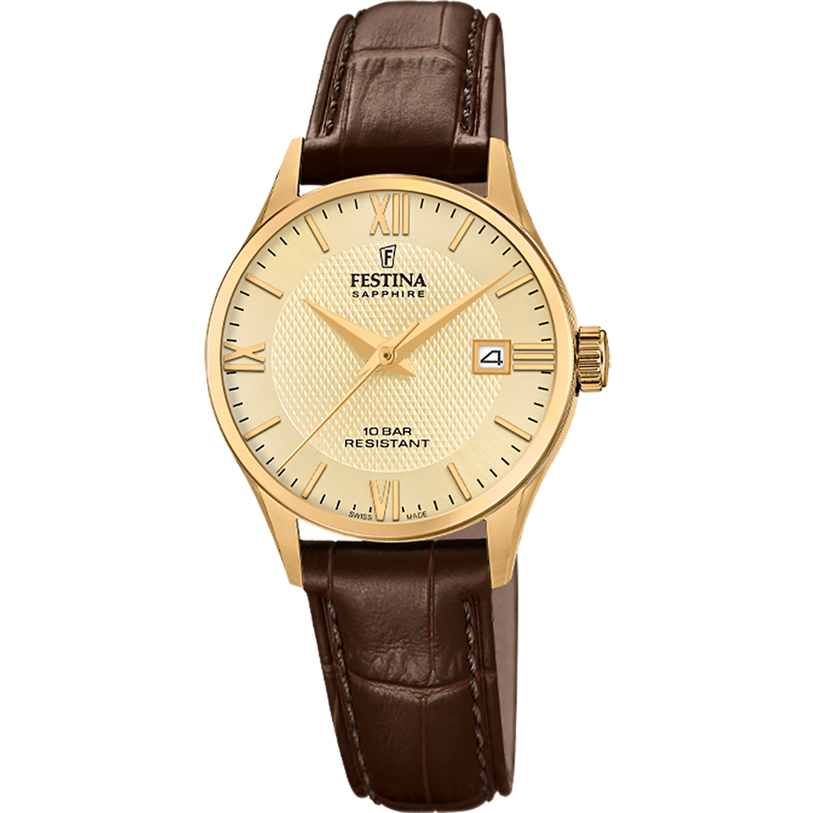 Festina swiss made dames uurwerk met geelkleurige kast en bruine band