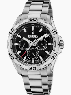 Festina Classics F20623/5 is een multifunctioneel quartzhorloge voor heren met een zilverkleurige roestvrijstalen kast en band en een opvallende zwarte wijzerplaat.