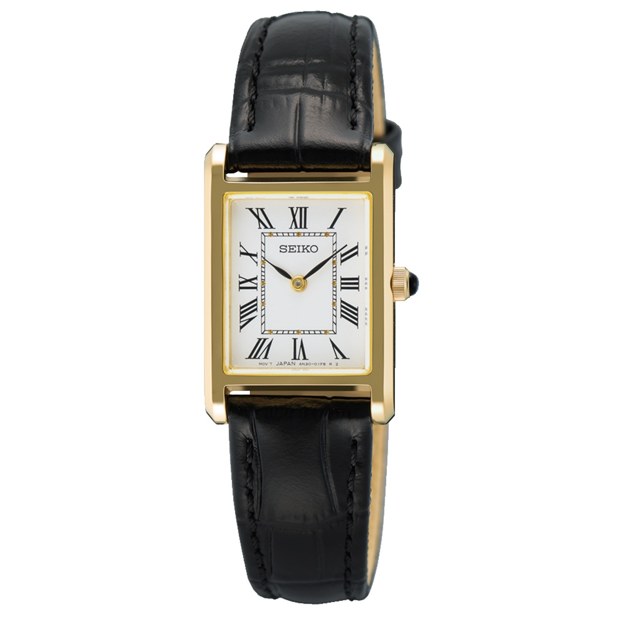 De Seiko SWR108P1 dameshorloge, modelnummer 4954628256164, heeft een verfijnde rechthoekige gouden kast van metaal met saffierglas en een zwarte leren band. Met analoge Romeinse wijzers en een quartz uurwerk is het een elegante keuze voor elke gelegenheid. De horloge is waterdicht tot 5 ATM. Draag hem stijlvol bij formele of casual outfits.