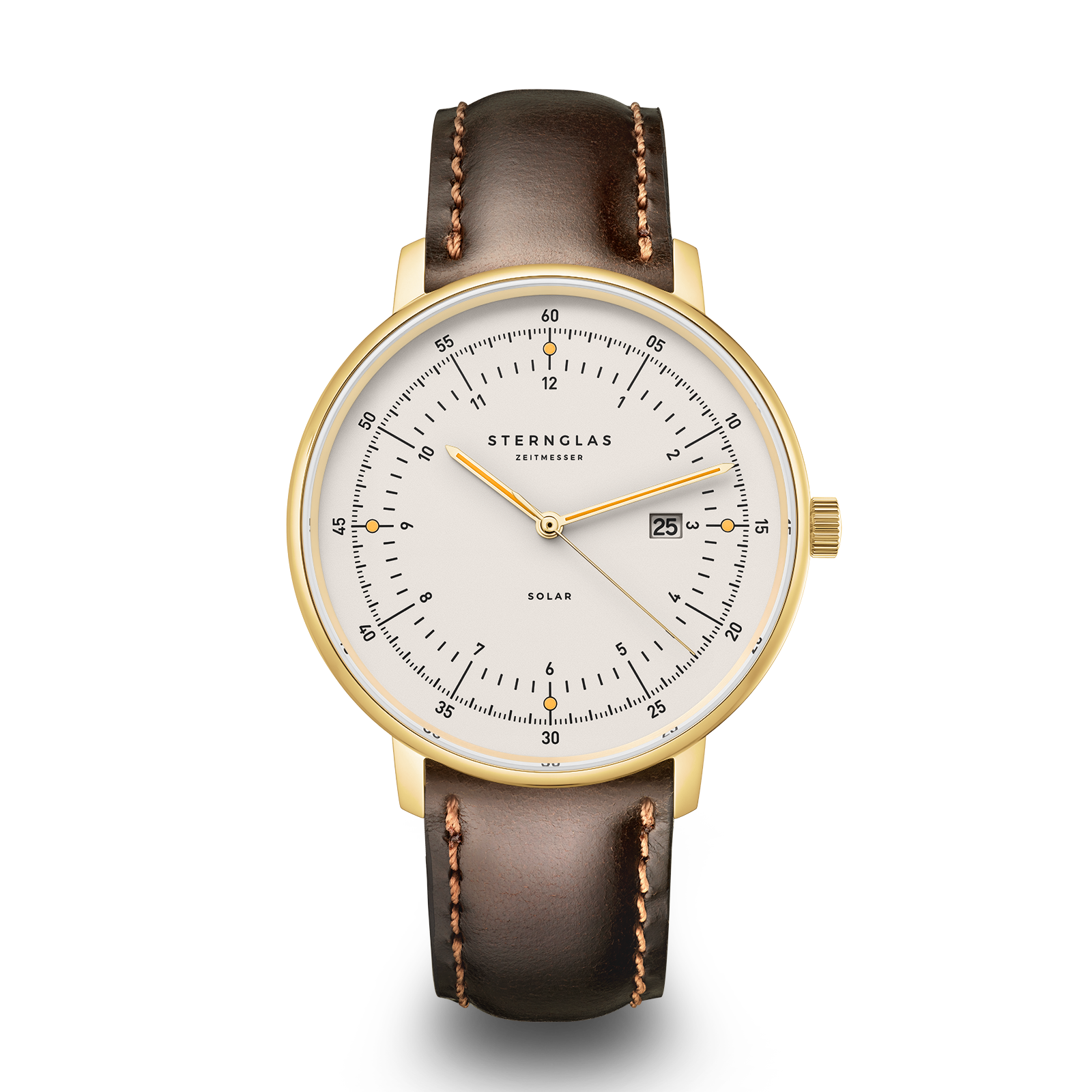 Goudkleurig horloge met  lichtgevende wijzers, bruin leren band. 
Horloge heeft een solar batterij wat betekent dat de batterij oplaadt middels  licht.