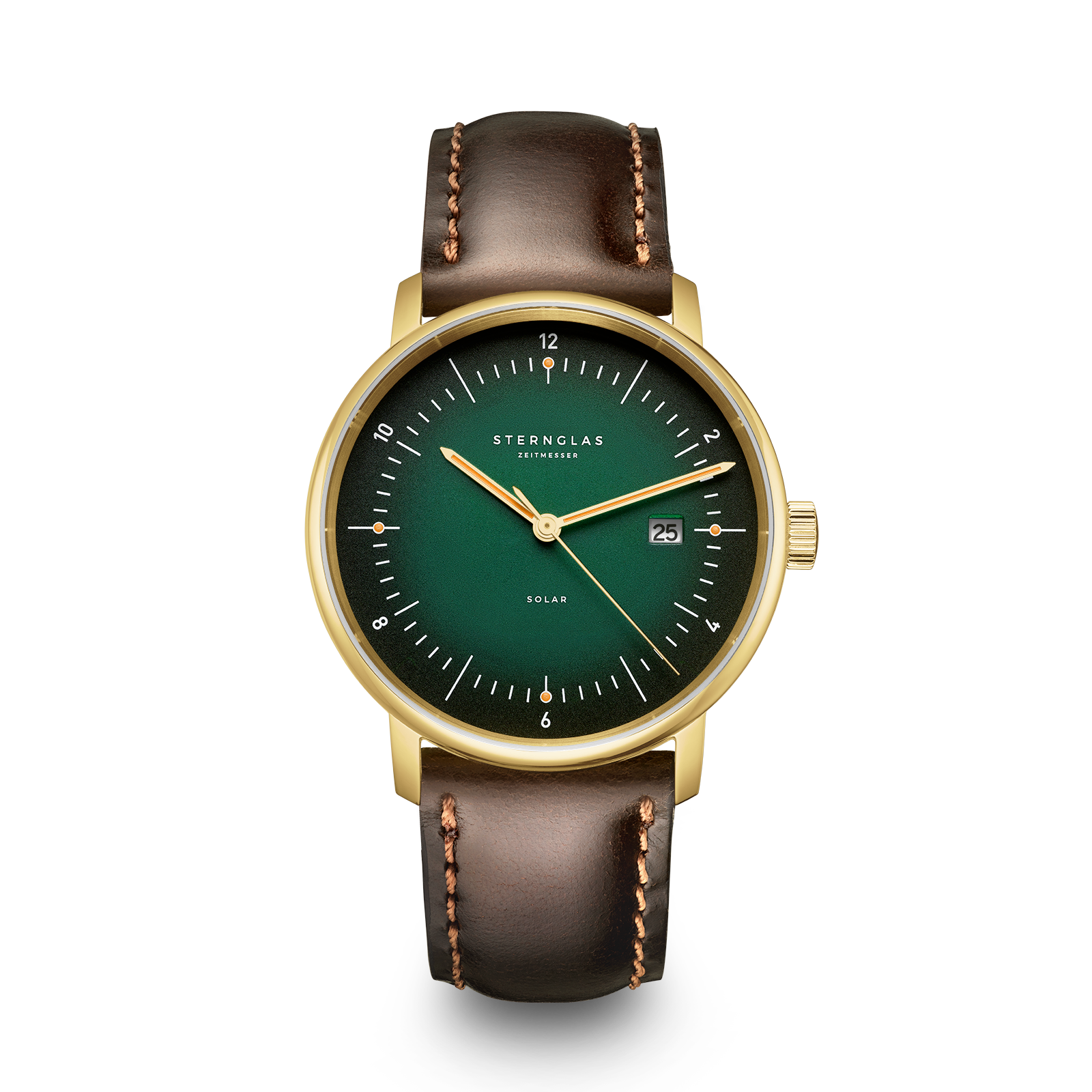 Goudkleurig horloge met groene wijzerplaat en bruin leren band.

