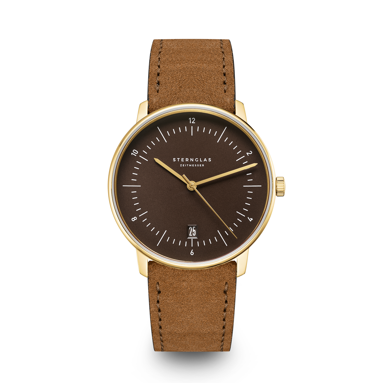 Goudkleurig horloge met bruine wijzerplaat en lichtbruine su&egrave;de band.