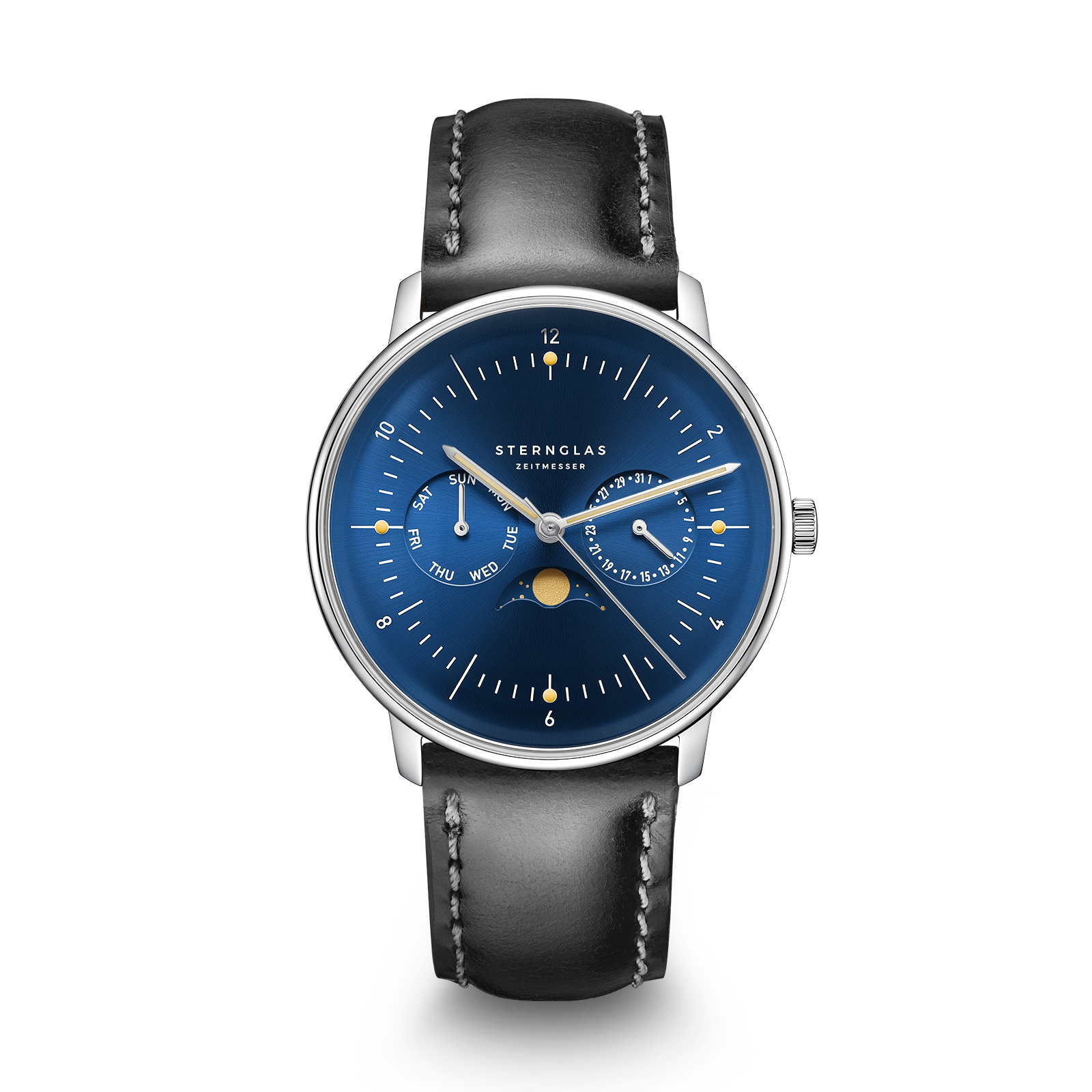 Zilverkleurige kast met blauwe wijzerplaat en zwart leren band.
Horloge geeft de stand van de maan aan, alsook dag en datum.