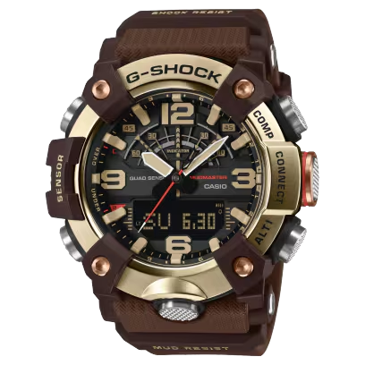 Die Casio G-Shock Mudmaster GG-B100XMH-5AER besticht durch ihr robustes Design mit einem braunen Edelstahlgeh&auml;use und Mineralglas. Sie verf&uuml;gt &uuml;ber eine digitale Anzeige, Datums- und Lichtfunktion. Das silikone Kunststoffarmband in Braun sorgt f&uuml;r Tragekomfort. Wasserdicht bis 200m ist sie ideal f&uuml;r Outdoor-Aktivit&auml;ten. Tragen Sie sie bei Abenteuern oder im Alltag f&uuml;r einen sportlichen Look.